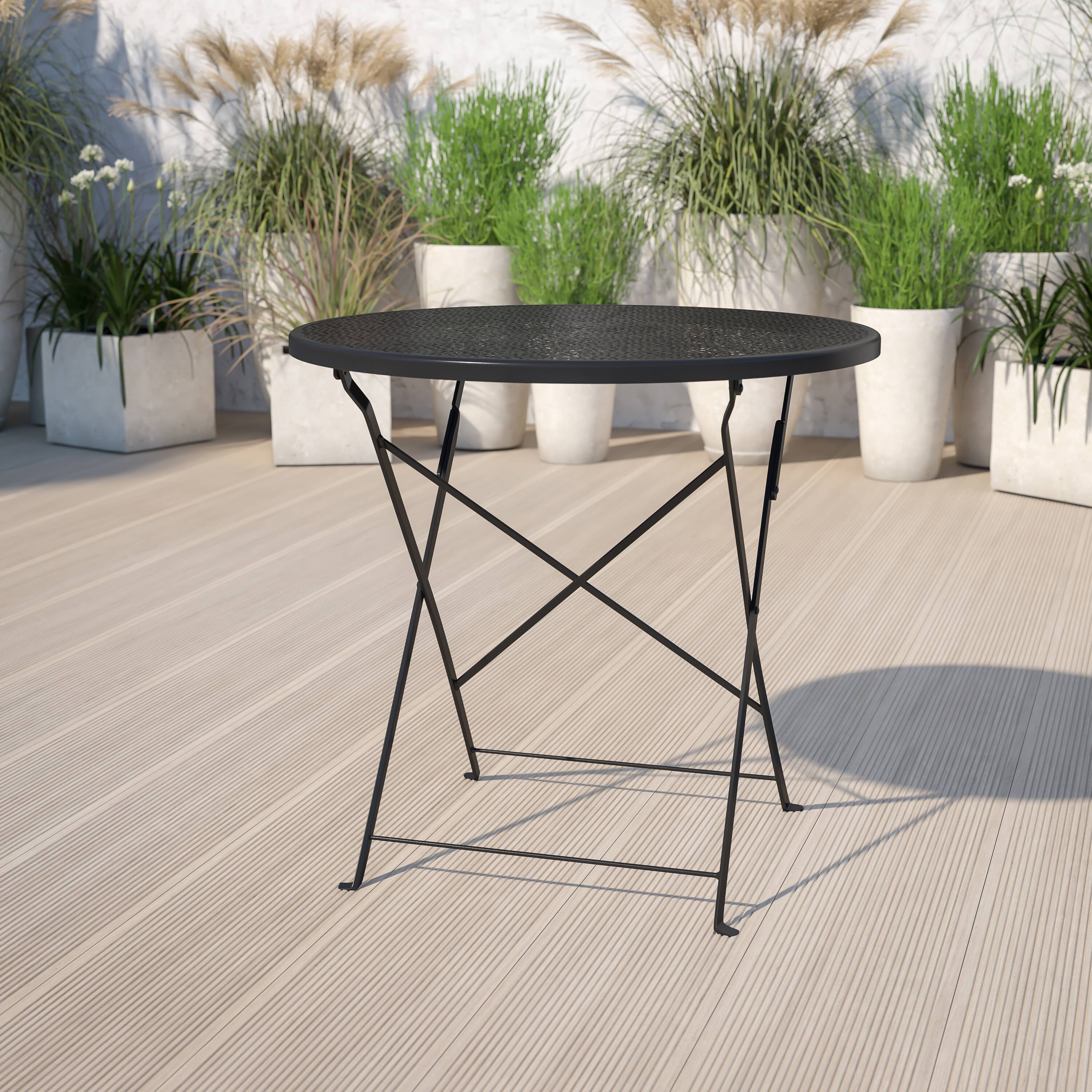 Alt View 1. Emma + Oliver - Commercial Grade 30" Round Colorful Metal Garden Patio Folding Patio Table - Black.