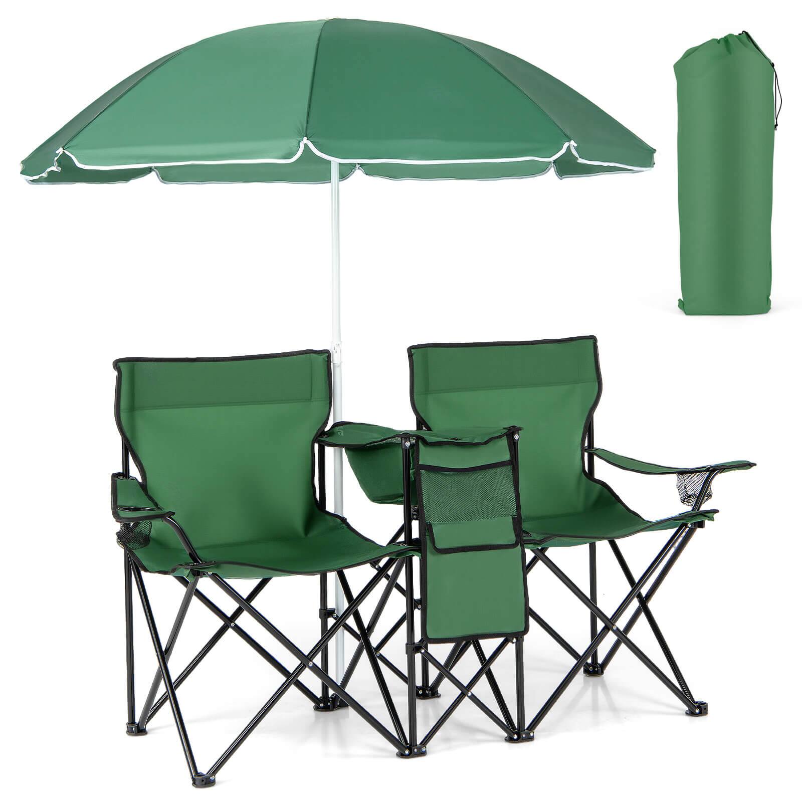 Alt View 7. Costway - Costway Portable Folding Picnic Double Chair with Umbrella Table Cooler Beach Camping - Green.