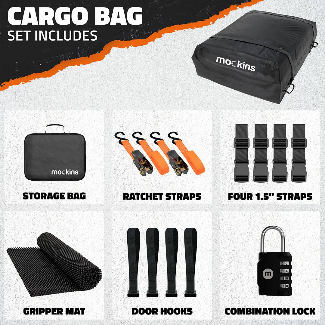 CARGO BAG SET INCLUDES

- STORAGE BAG
- RATCHET STRAPS
- FOUR 1.5" STRAPS
- GRIPPER MAT
- DOOR HOOKS
- COMBINATION LOCK