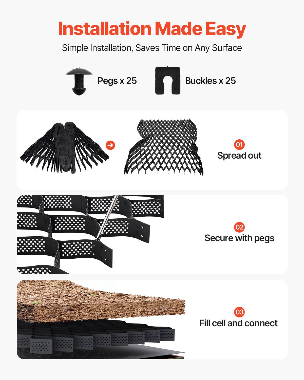 Installation Made Easy
Simple Installation, Saves Time on Any Surface
Pegs x 25
Buckles x 25
01 Spread out
02 Secure with pegs
03 Fill cell and connect