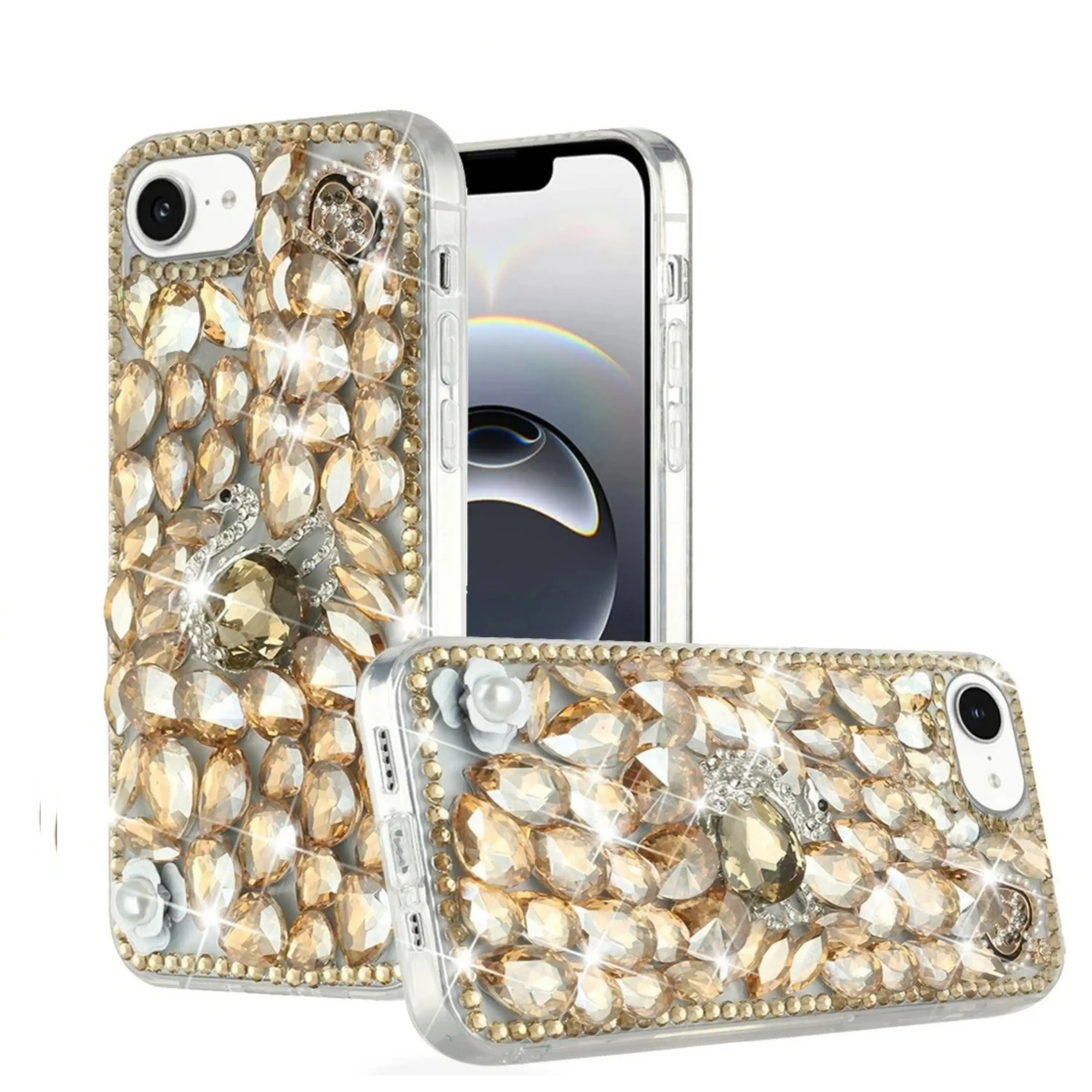 Front. Kitcheniva - Full Diamond Faux 3D Jewel Phone Case With Tempered Glass For iPhone 16e 17e Gold Pearl - Gold.