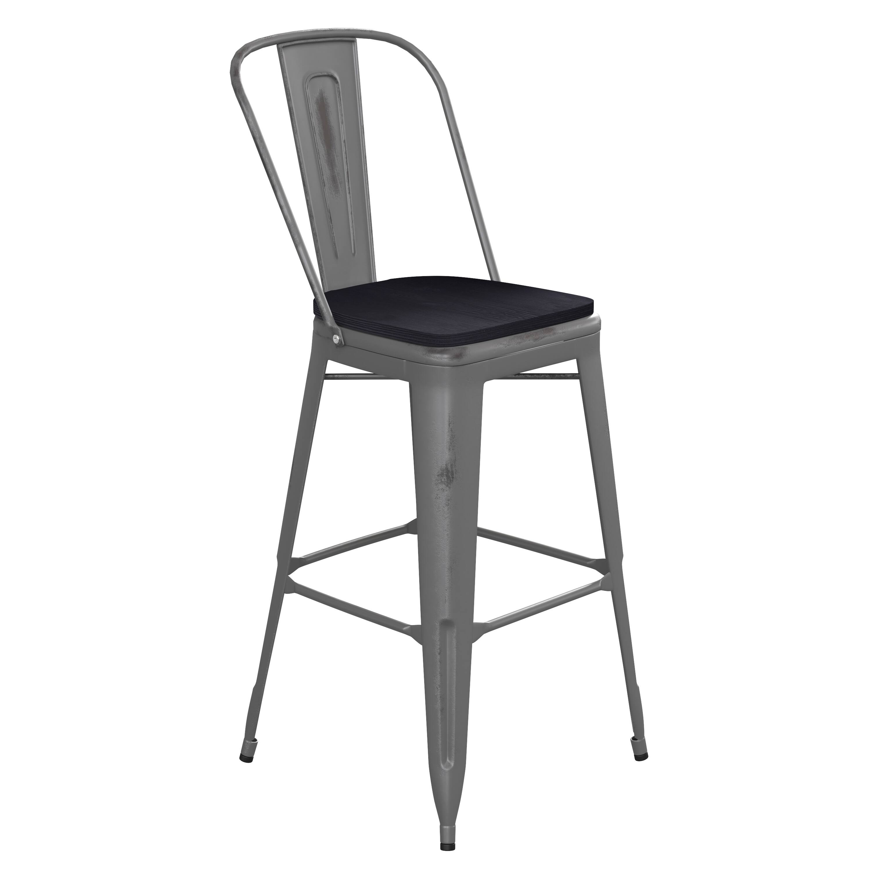 Alt View 1. Emma + Oliver - Grant Clear Coated Metal Stool with Backrest and Polyresin Seat for Indoor Use Only - Black Seat/Clear Coated Frame.