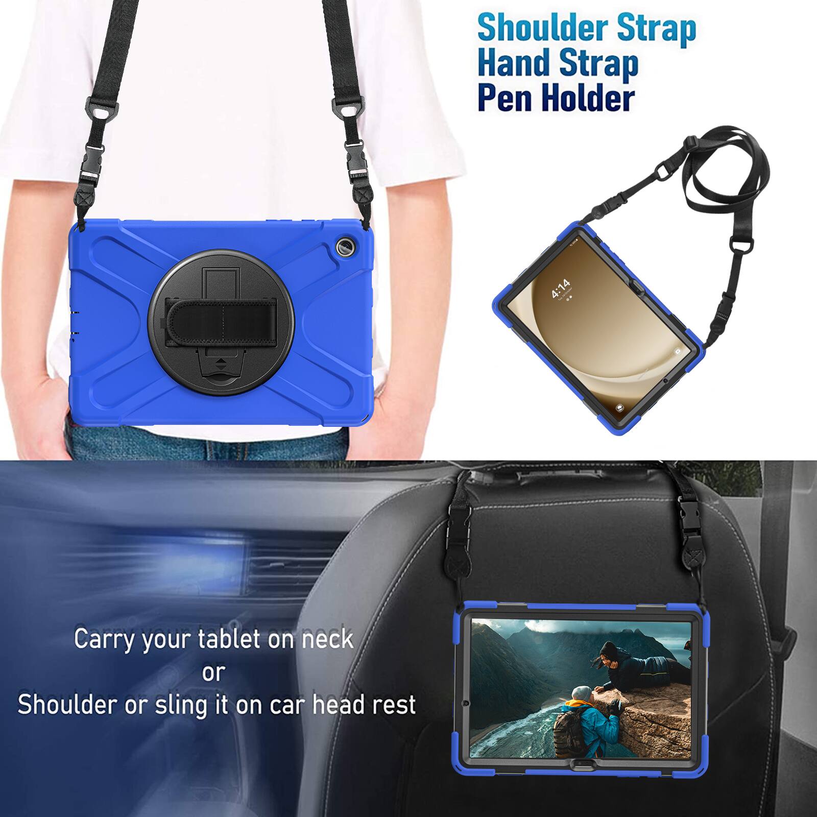 Shoulder Strap  
Hand Strap  
Pen Holder  

4:14  

Carry your tablet on neck or Shoulder or sling it on car head rest