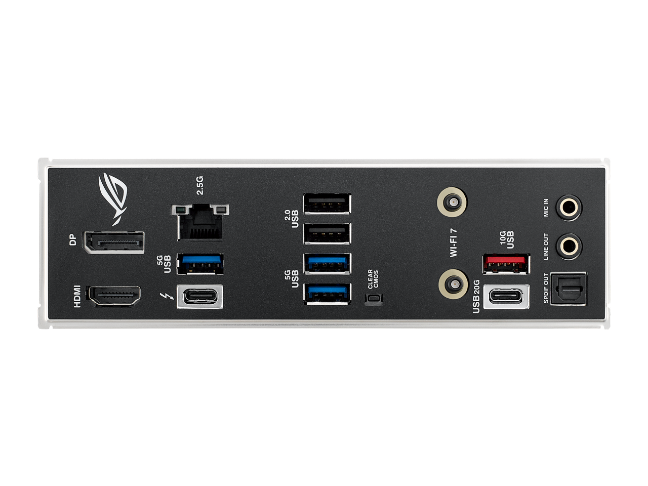 DP HDMI 5G USB 2.5G 2.0 USB 5G USB CLEAR CMOS 7 WI-FI7 20G USB20G 10G USB IN MIC OUT LINE OUT SPOIF

- DP
- HDMI
- 5G USB
- 2.5G
- 2.0 USB
- 5G USB
- CLEAR CMOS
- WI-FI7
- USB20G
- 10G USB
- MIC IN
- LINE OUT
- SPOIF