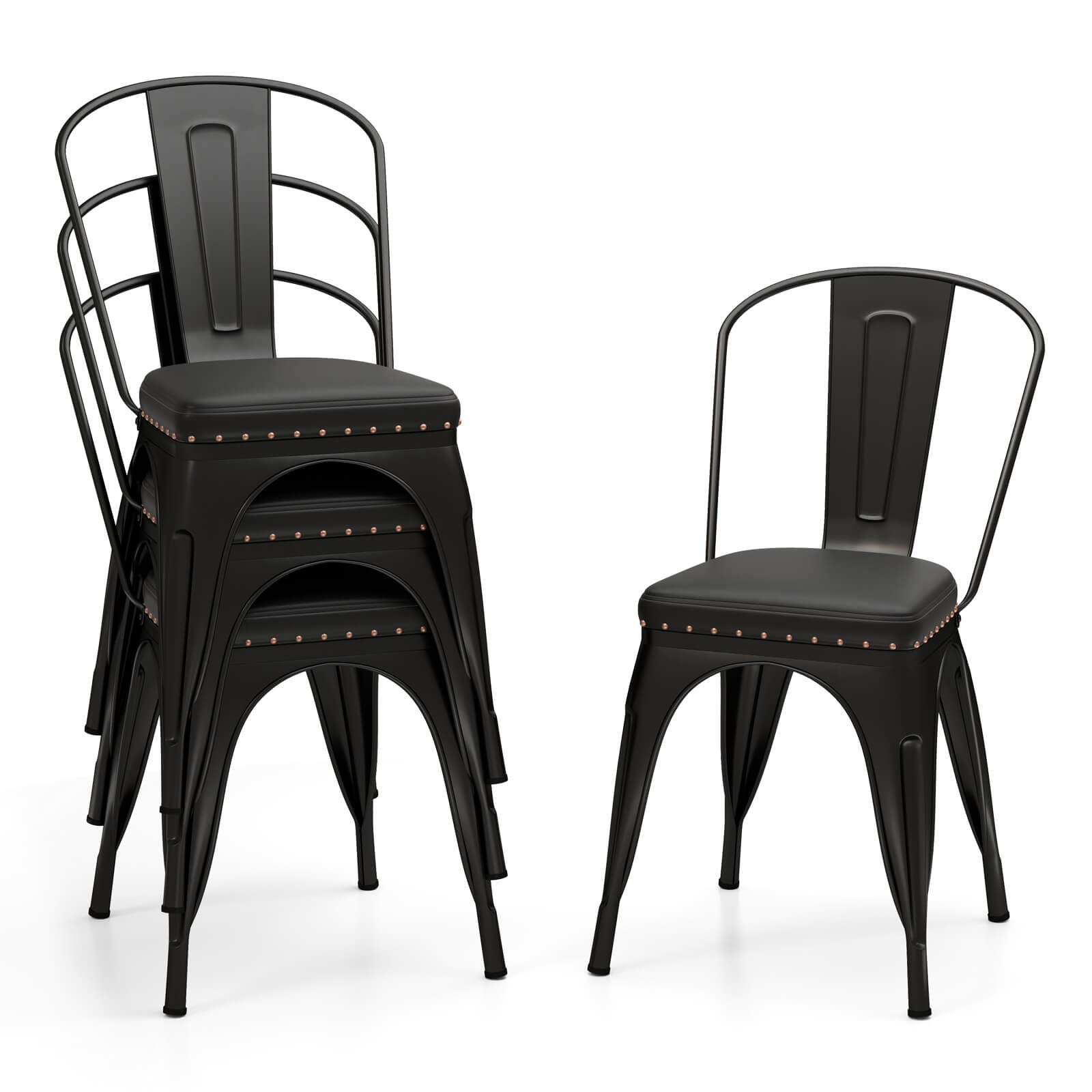 Alt View 9. Costway - Costway Stackable Metal Dining Chairs Set of 4 w/ Backrest & PU Leather Padded Seat - Black.