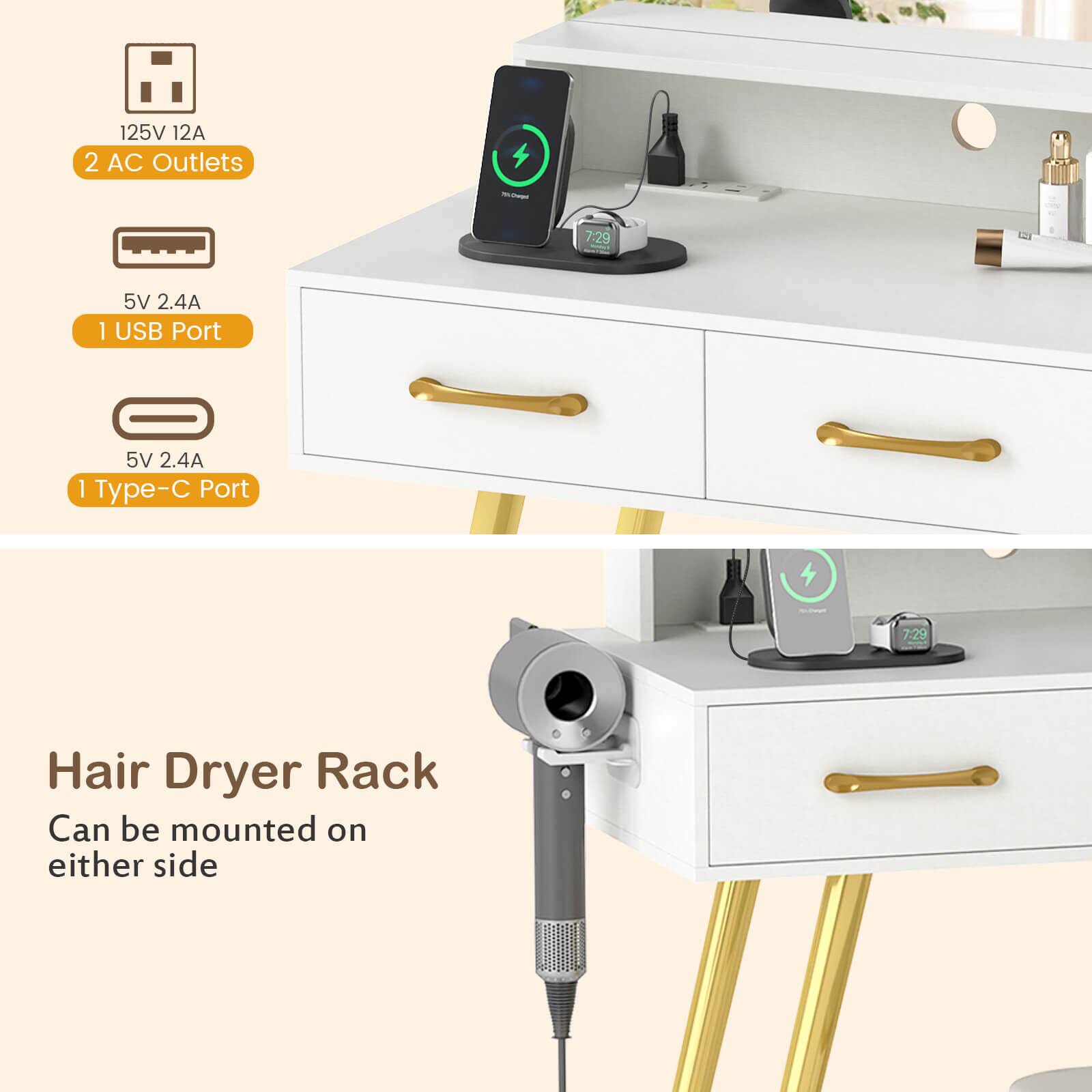 125V 12A 2 AC Outlets  
5V 2.4A 1 USB Port  
5V 2.4A 1 Type-C Port  

Hair Dryer Rack  
Can be mounted on either side