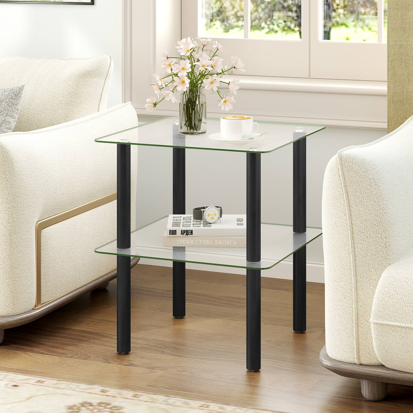Alt View 1. Costway - Costway 2PCS Square End Table, 2-Tier Sofa Side Table with Clear Tempered Glass Top & Shelf - Clear & Black.