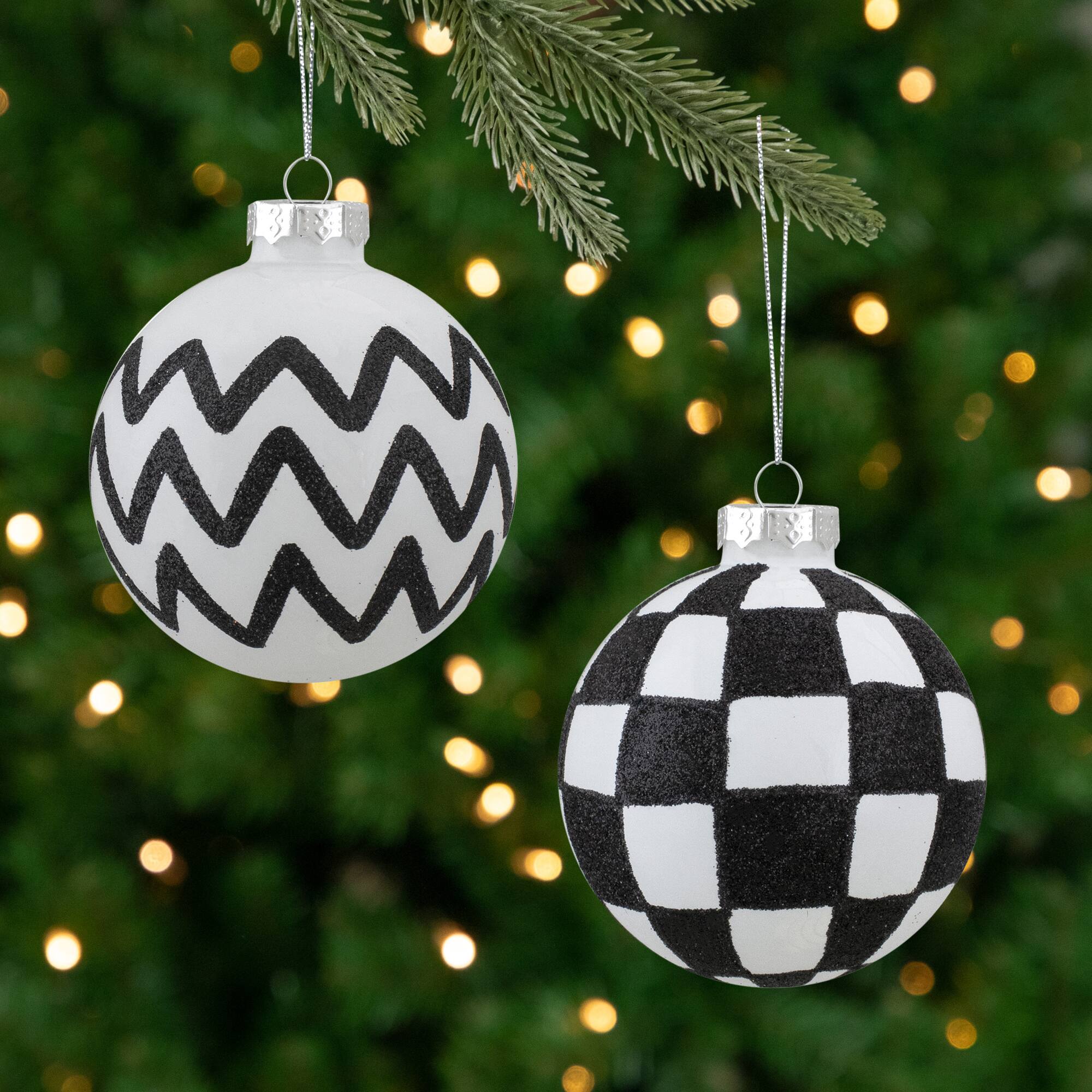 Front. Northlight - Zig Zag and Checkered Christmas Glass Ball Ornaments - 2.75" (67mm) - White and Black- 4ct - White.