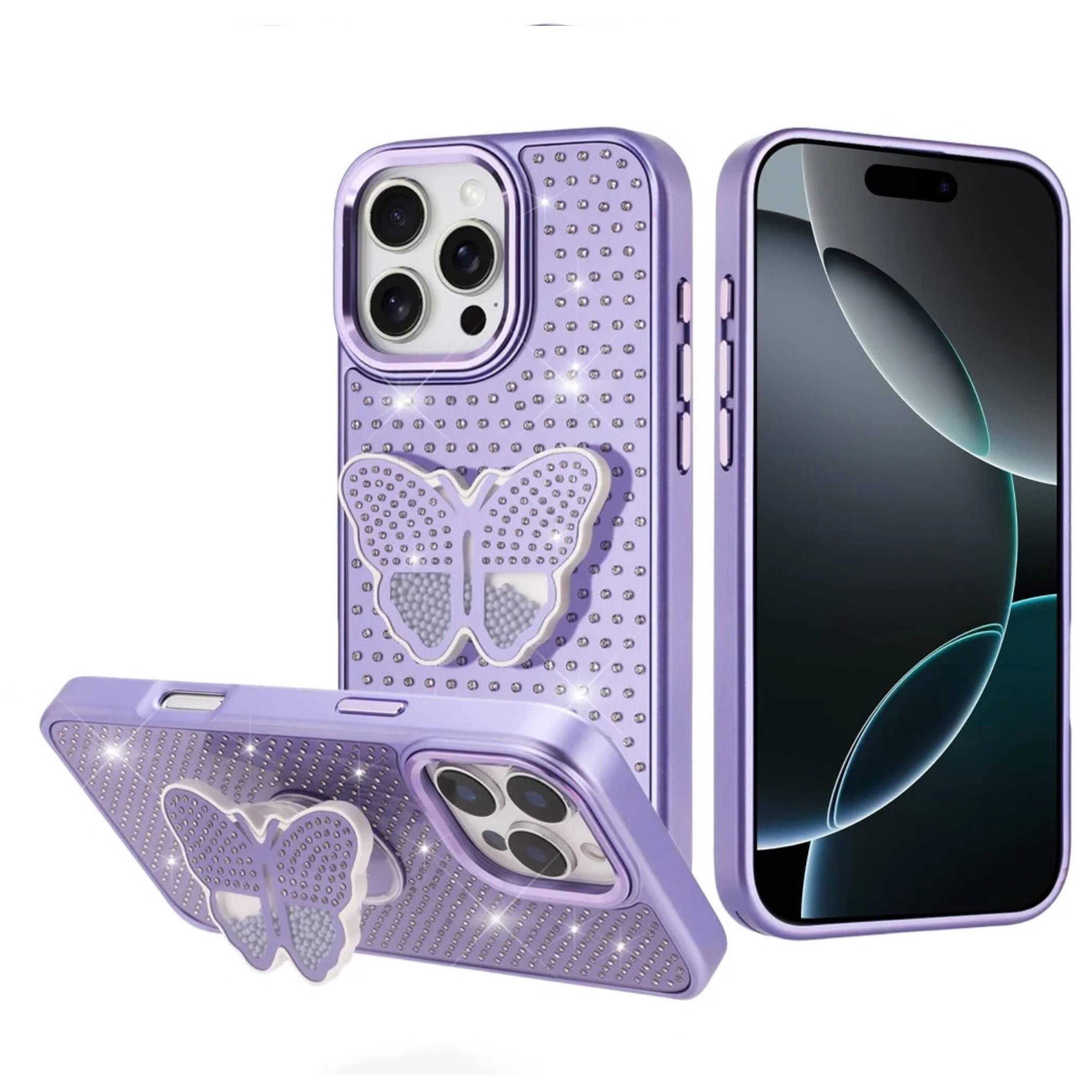 Front. Kitcheniva - Butterfly Grip Stand Crystal Phone Case With Tempered Glass For iPhone 16 Pro Max Purple - Purple.