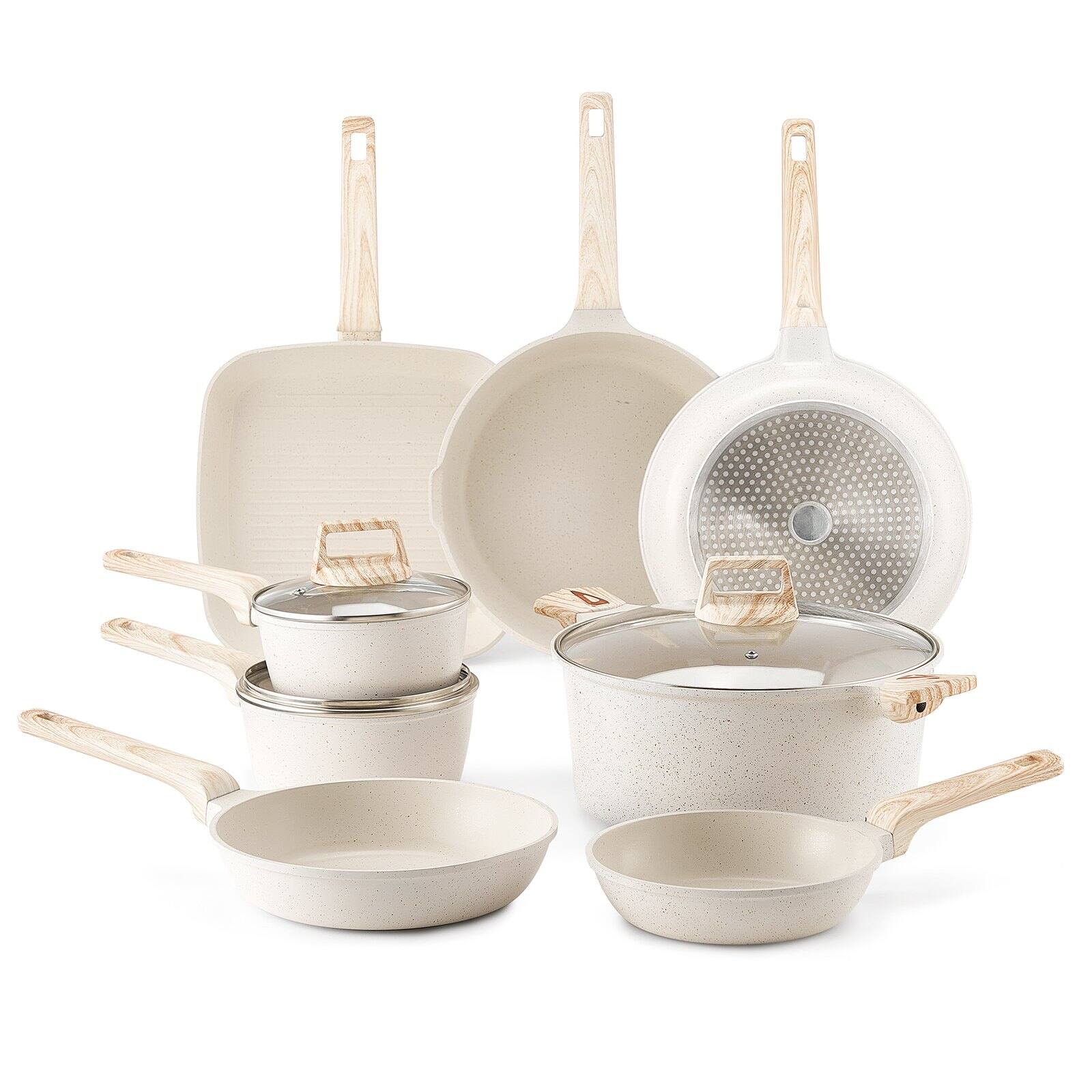 Alt View 9. Glintex - 19 Piece Pots and Pans Set Nonstick, Induction Cookware with Frying, Sauce, and Saute Pans with Glass Lids - White.
