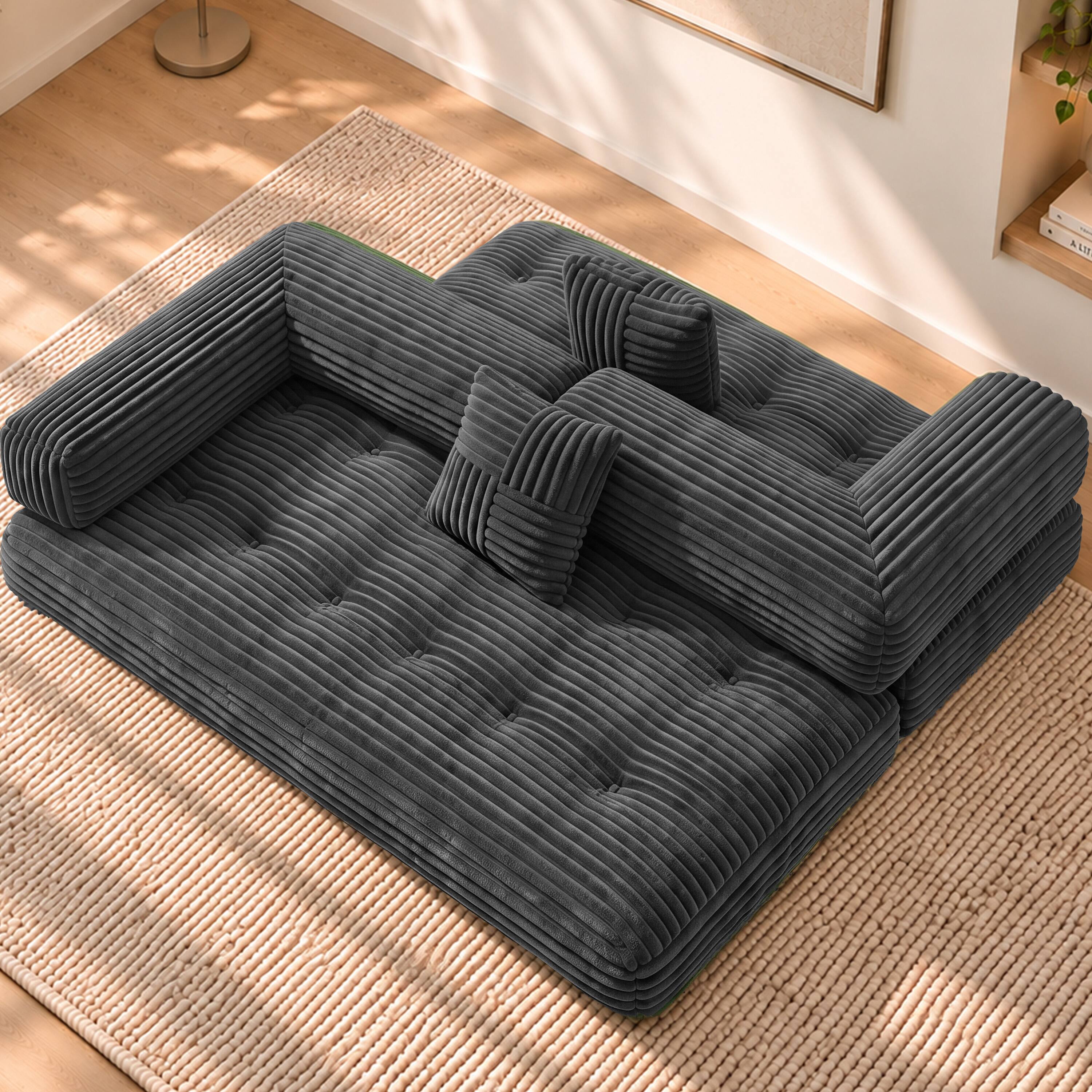 Back. Vipbear - 78.7" Folding Boneless Couch with Fixed-Shape Frame, Corduroy Floor Sofa Loveseat Sleeper - Gray.