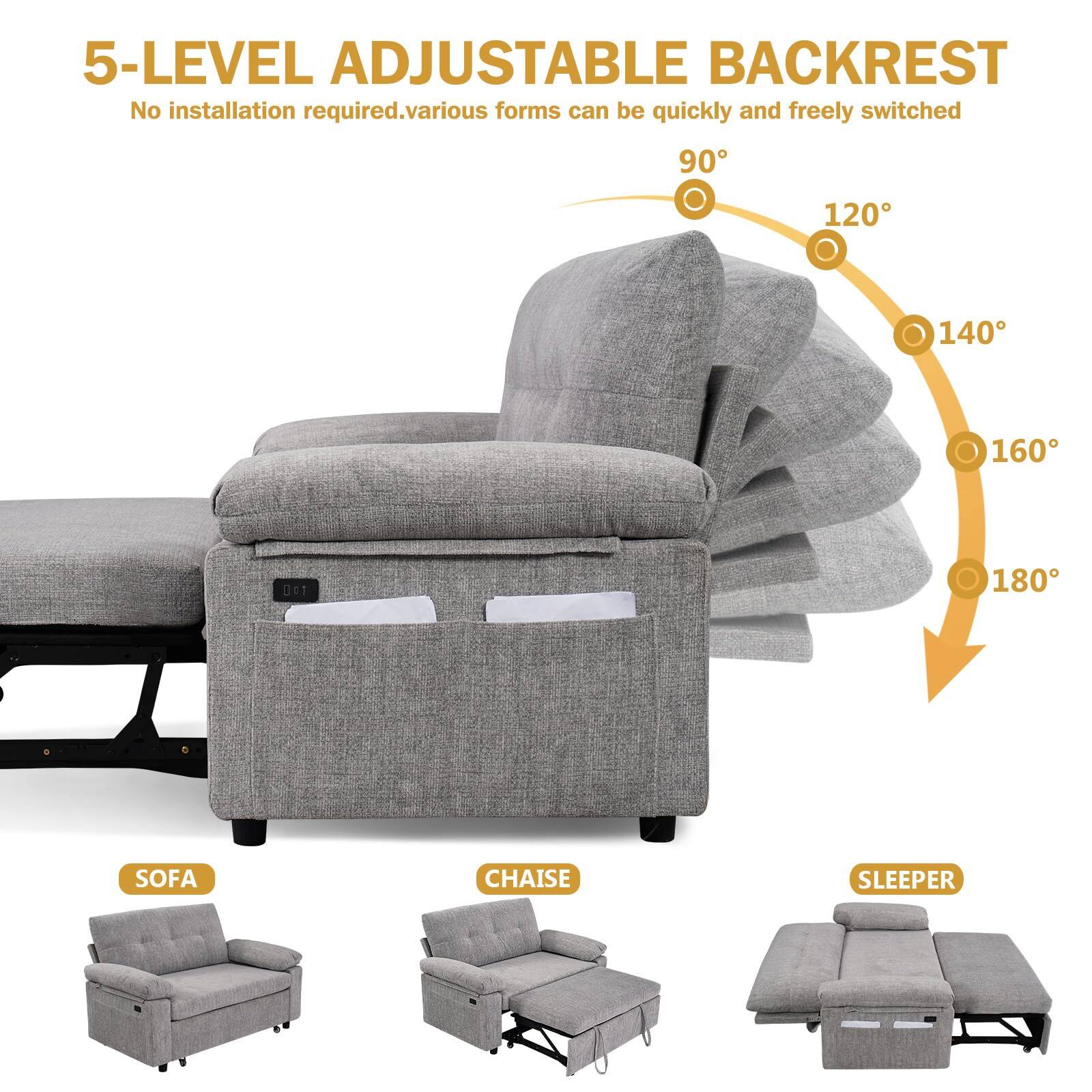 5-LEVEL ADJUSTABLE BACKREST  
No installation required. Various forms can be quickly and freely switched.  

90°  
120°  
140°  
160°  
180°  

SOFA  
CHAISE  
SLEEPER