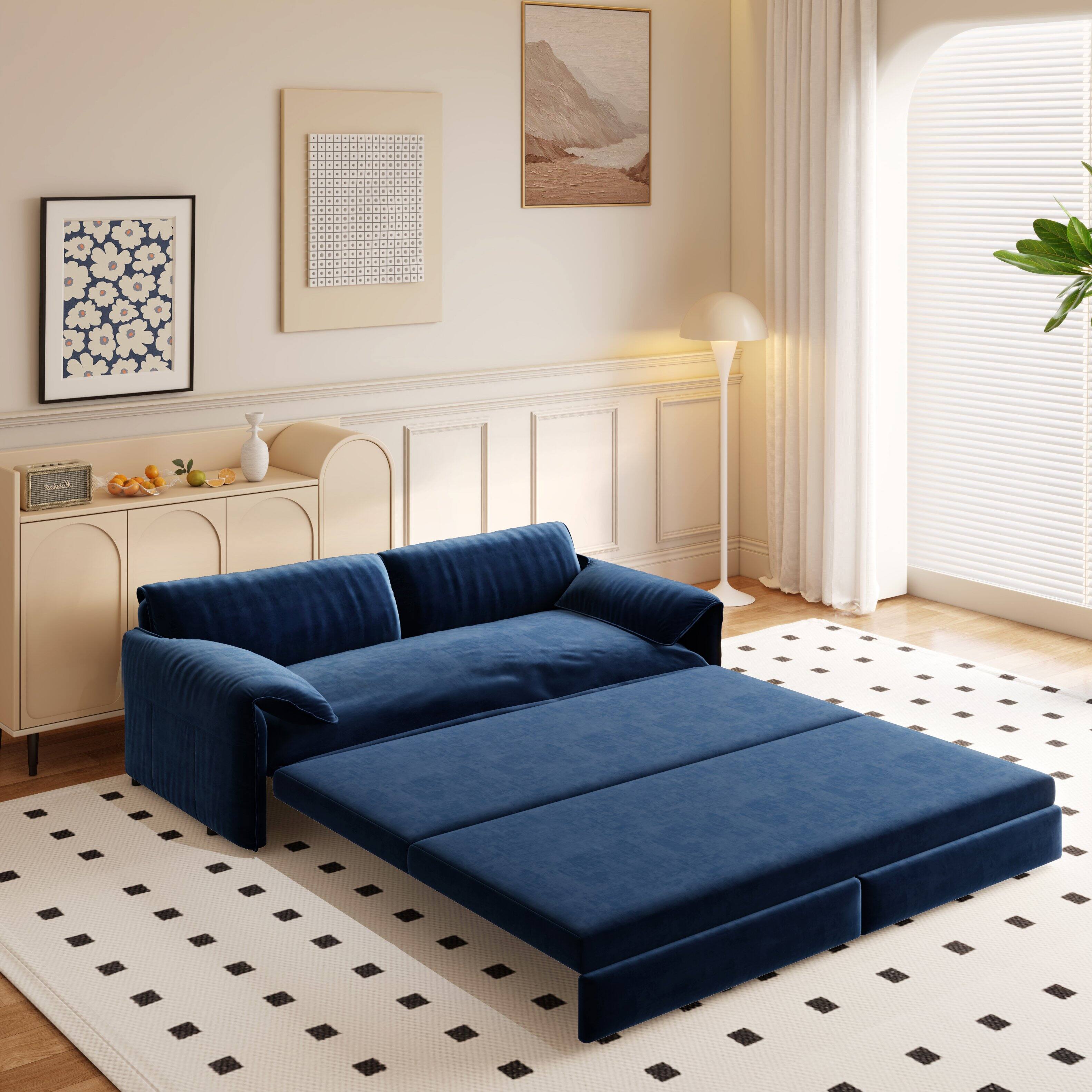 Angle. Tiramisubest - Queen Pull Out Sofa Bed,3-in-1 Convertible Sleeper Sofa with Side Storage,Velvet Loveseat for Living Room,Office,Blue - Blue.