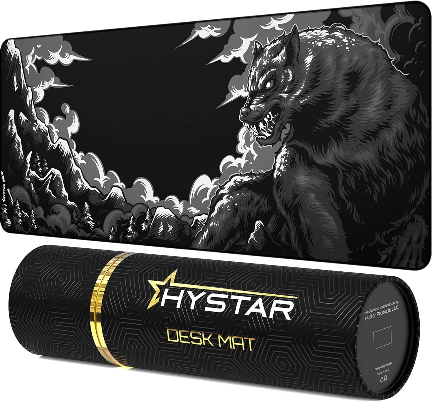 Hystar - Extended Gaming Mouse Pad | XXL 36" x 16" | 5mm, Waterproof Surface, Smooth Polyester, and Rubber Base | Mythic Fenrir - Black