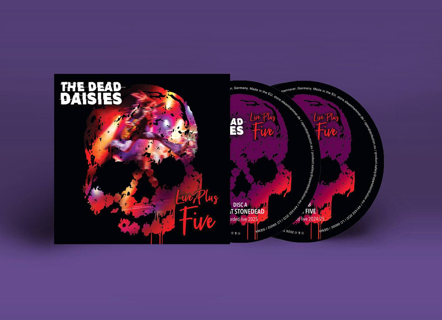 THE DEAD DAISIES  
Germany. Made Hannover, Germany, Made in the EU.  
store: steamhammer.de  
Live Plus Five  
AD ES  
DISC A  
IT STONEDEAD  
recorded live 2025  
FIVE  
recorded live 2024/25  
GEMA 00005 FC  
ca005
