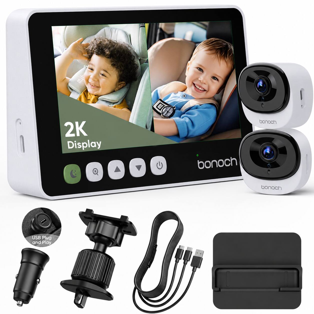 bonoch - 2K Baby Car Camera Monitor for 2 Kids, with Night Vision and 360° Rotating Adjustable View Dual Cameras - White