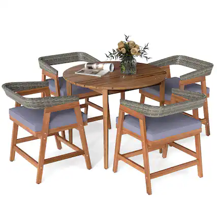 Front. Costway - Costway 5 Piece Patio Dining Set Outdoor Solid Wood Furniture with Rattan Backrest - Mix Gray.