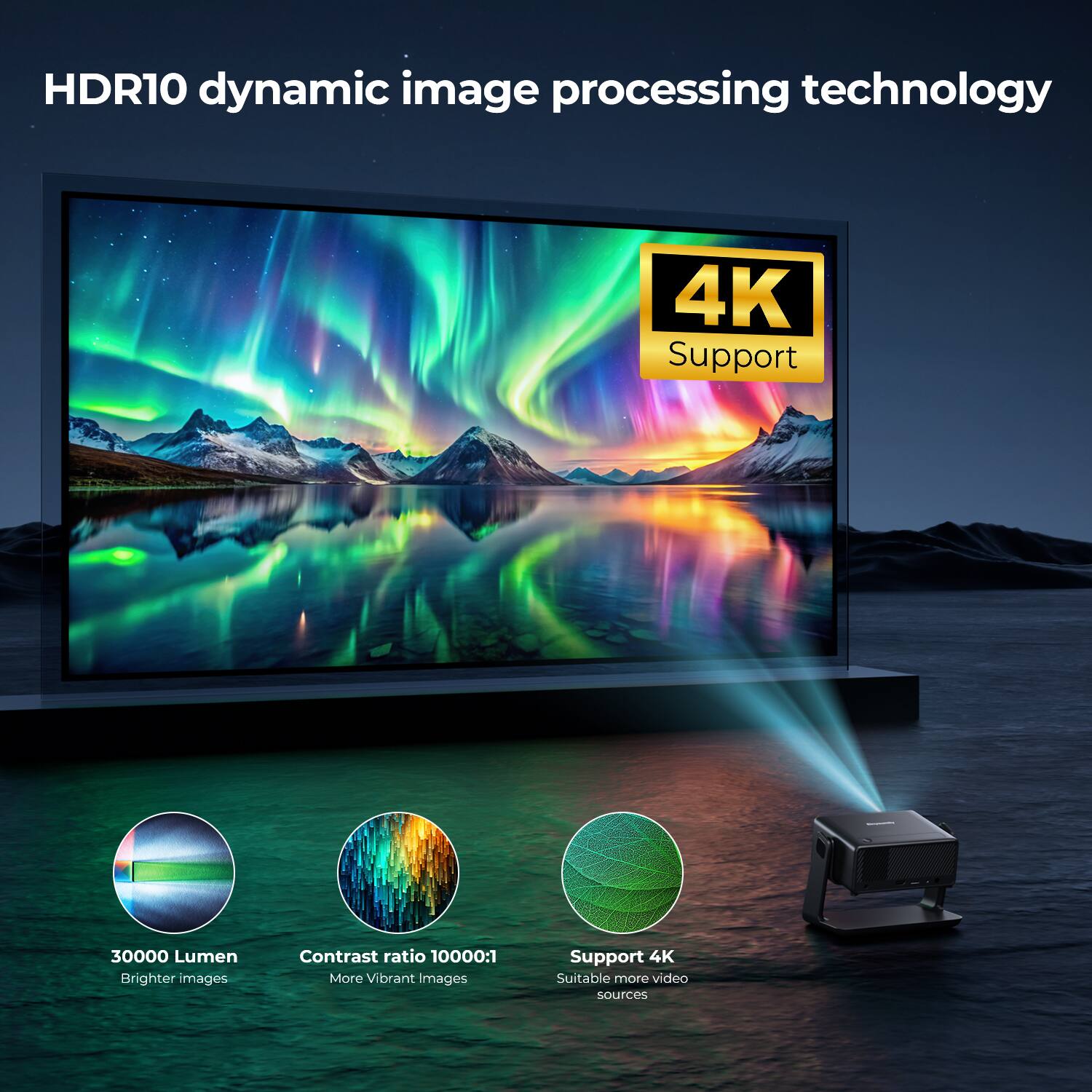 HDR10 dynamic image processing technology

4K Support

30000 Lumen Brighter images

Contrast ratio 10000:1 More Vibrant Images

Support 4K Suitable more video sources