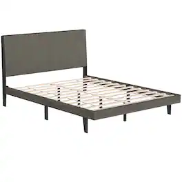 Costway - Upholstered Tufted Bed Wood Platform Mattress Foundation Headboard Queen - Gray