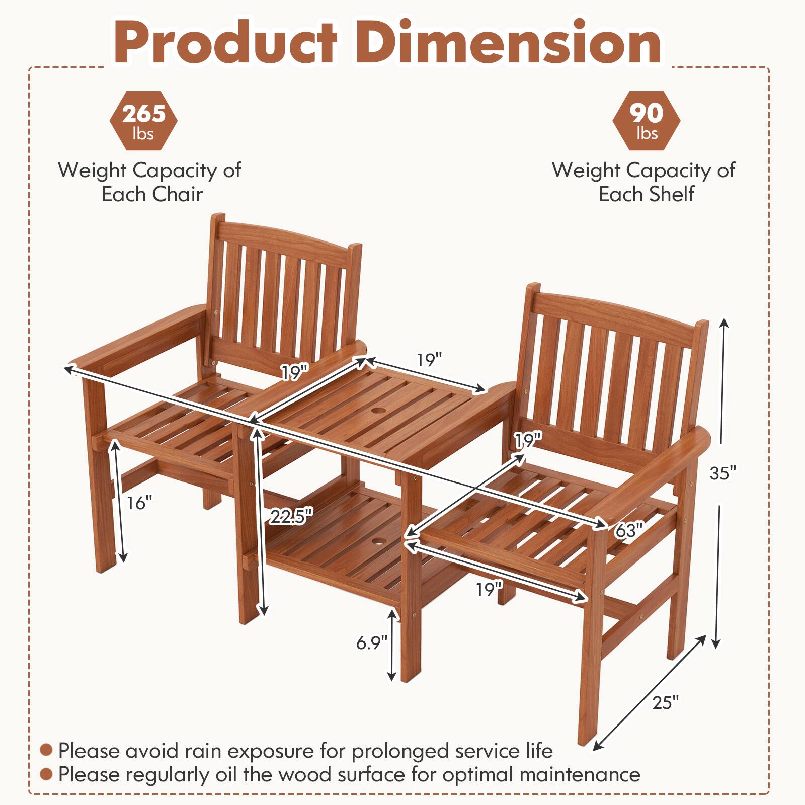Product Dimension

- Weight Capacity of Each Chair: 265 lbs
- Weight Capacity of Each Shelf: 90 lbs

Dimensions:
- 19" (width)
- 16" (depth)
- 22.5" (height)
- 6.9" (leg height)
- 19" (seat width)
- 63" (table length)
- 35" (table height)
- 25" (table depth)

Please avoid rain exposure for prolonged service life.
Please regularly oil the wood surface for optimal maintenance.