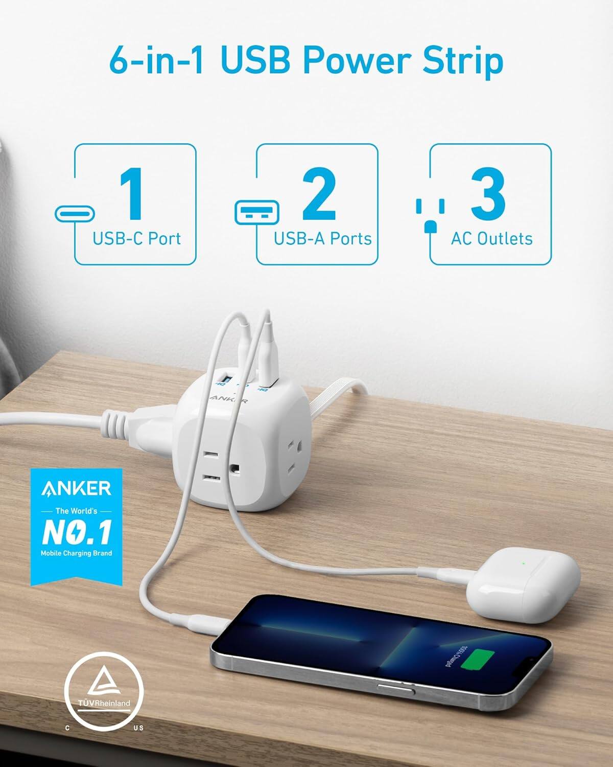 6-in-1 USB Power Strip  
1 USB-C Port  
2 USB-A Ports  
3 AC Outlets  

ANKER  
The World's NO.1 Mobile Charging Brand  

TÜV Rheinland  
C US