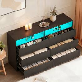 Vipbear - 6 Drawer Double Dresser with Power Outlet, Accent Chests of Drawers with LED Light, Charging Station - Black