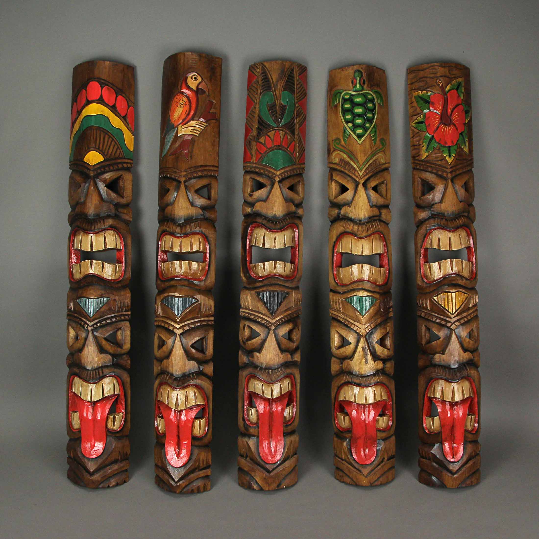 Alt View 8. Zeckos - Set of 5 Double Tiki Mask Totem Wall Decor Hand Carved Tribal Sculpture 40 Inch - Multicolored.