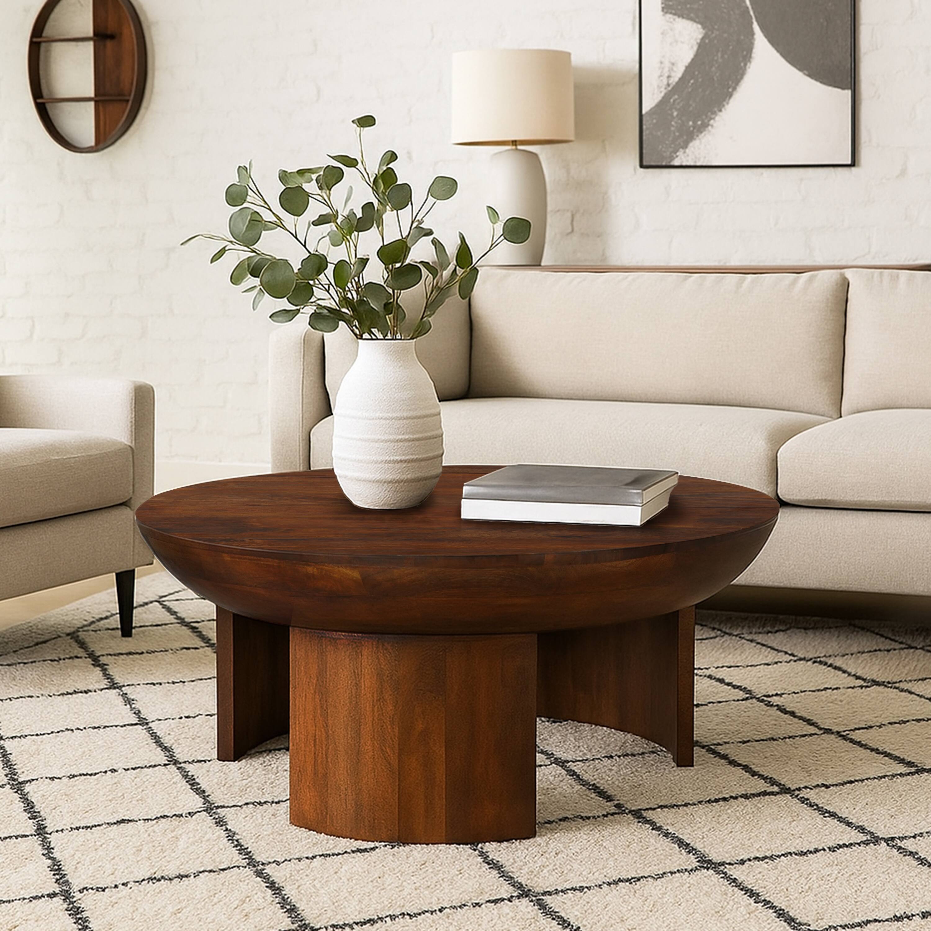 Alt View 8. Manhattan Lane - 35 Inch Coffee Table, Handcrafted Round Mango Wood Top, Modern Curved Tripod Legs - Brown.