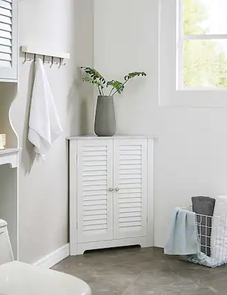 Front. Kings Brand Furniture - Kings Brand Furniture White Freestanding Bathroom Corner Cabinet Storage with Doors and Two Shelves - White.