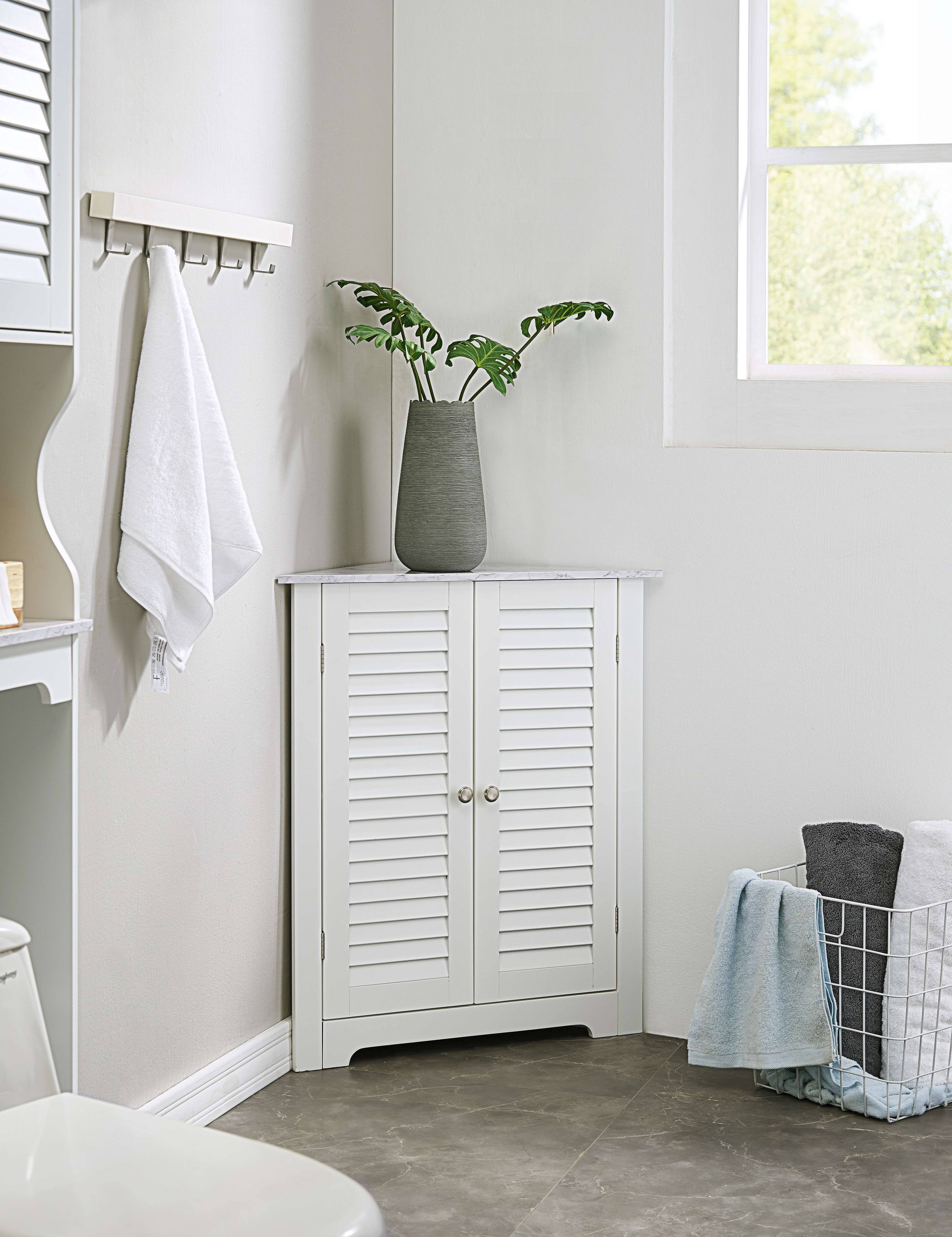 Front. Kings Brand Furniture - Kings Brand Furniture White Freestanding Bathroom Corner Cabinet Storage with Doors and Two Shelves - White.
