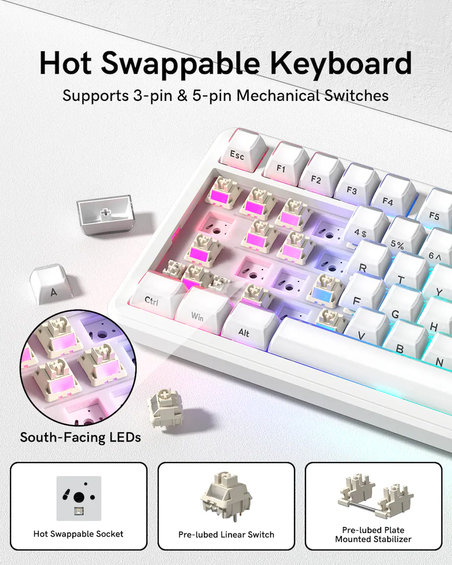 Keyboard Led Move Womier L75 Wireless Mechanical Keyboard with Knob, 75% Hot Swappable ...