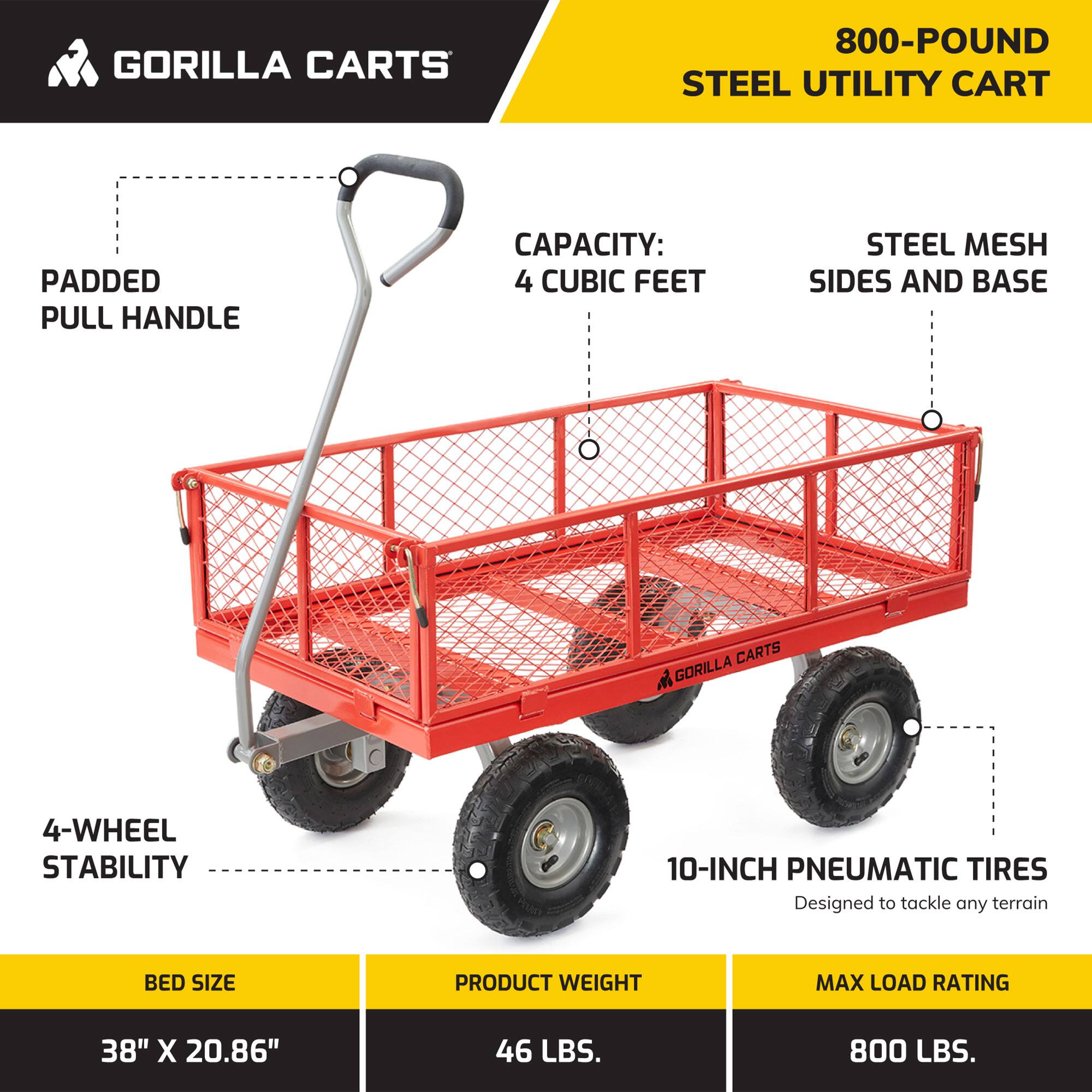 GORILLA CARTS  
800-POUND STEEL UTILITY CART  
CAPACITY: 4 CUBIC FEET  
STEEL MESH SIDES AND BASE  
4-WHEEL STABILITY  
10-INCH PNEUMATIC TIRES  
Designed to tackle any terrain  

BED SIZE: 38" X 20.86"  
PRODUCT WEIGHT: 46 LBS.  
MAX LOAD RATING: 800 LBS.  

Padded Pull Handle  
Steel Mesh Sides and Base  
4-Wheel Stability  
10-Inch Pneumatic Tires