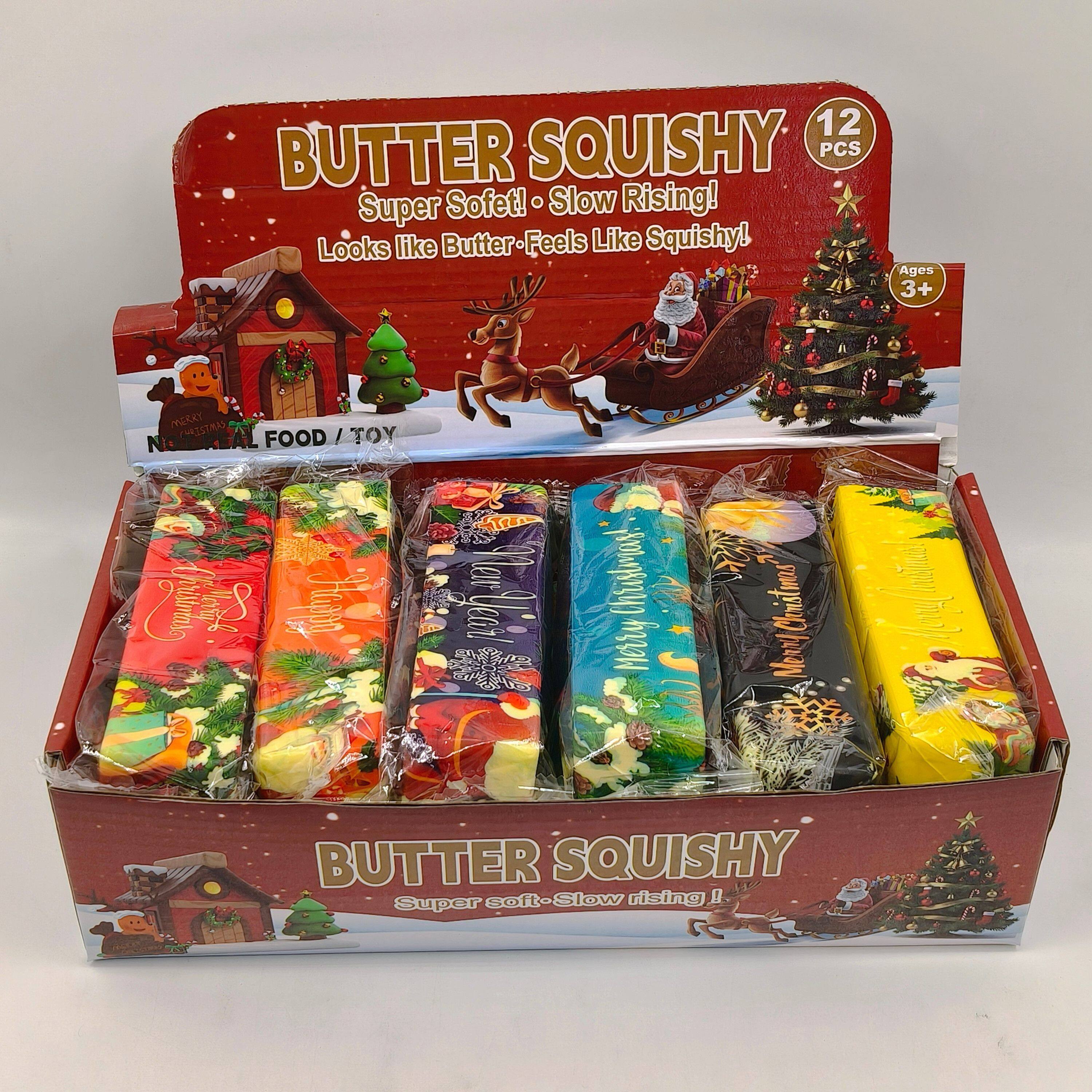 12 BUTTER SQUISHY PCS Super Soft! Slow Rising! Looks like Butter-Feels Like Squishy!  
Ages 3+  
MERRY CHRISTMAS FOOD TOY Crunchy's Trans Happa  
LewNeard Mar  
Christmas! Merry  
Christmas! Merry  

BUTTER SQUISHY soft-Slow rising! Super