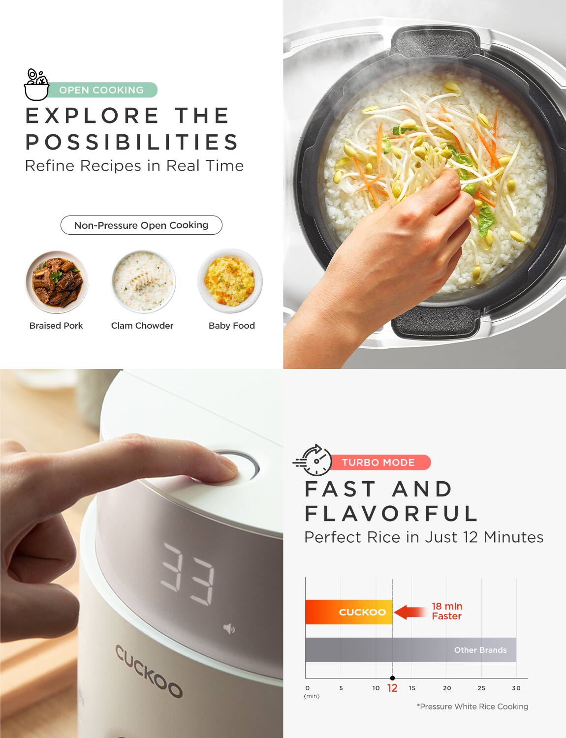 **OPEN COOKING**  
EXPLORE THE POSSIBILITIES  
Refine Recipes in Real Time  

Non-Pressure Open Cooking  
- Braised Pork  
- Clam Chowder  
- Baby Food  

**TURBO MODE**  
FAST AND FLAVORFUL  
Perfect Rice in Just 12 Minutes  

CUCKOO  
18 min Faster  
Other Brands  

*Pressure White Rice Cooking*