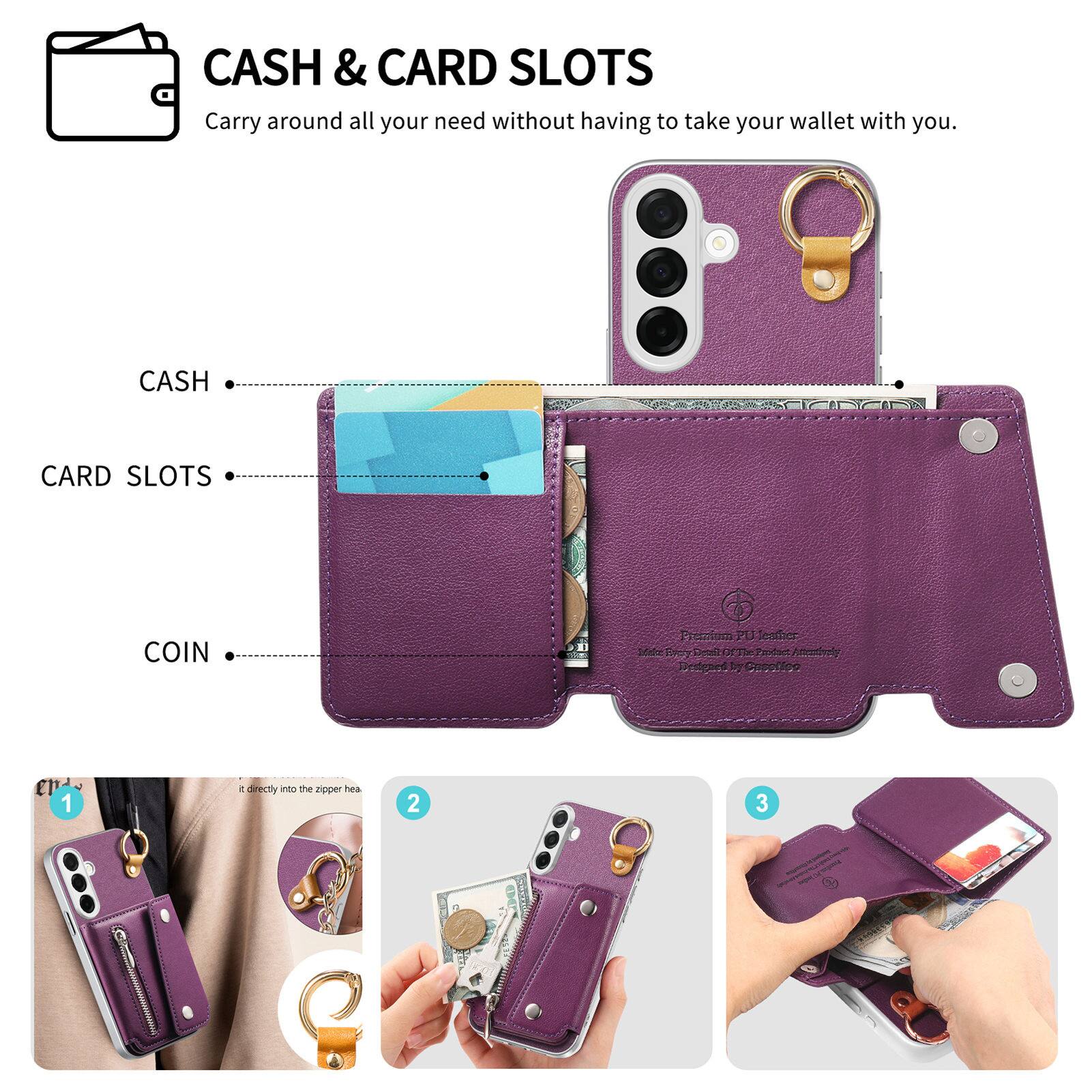 CASH & CARD SLOTS  
Carry around all your need without having to take your wallet with you.

CASH  
CARD SLOTS  
COIN  

Premium PU leather  
Everyday  
Designed by Capolica  

1.  
2.  
3.