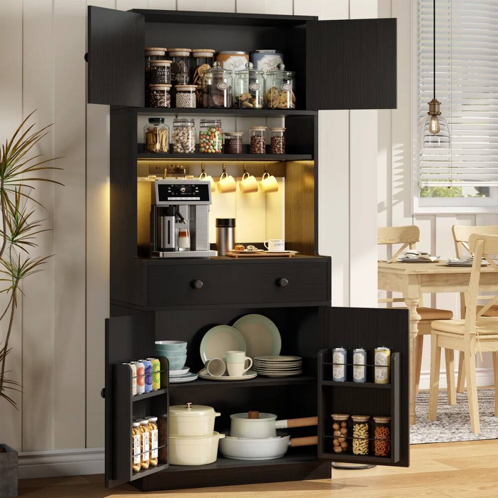 Alt View 2. Furnulem - 71 In Kitchen Pantry Storage Cabinet With Doors Drawer Farmhouse Pantry Cabinet With Power Outlet  Led Light - Black.