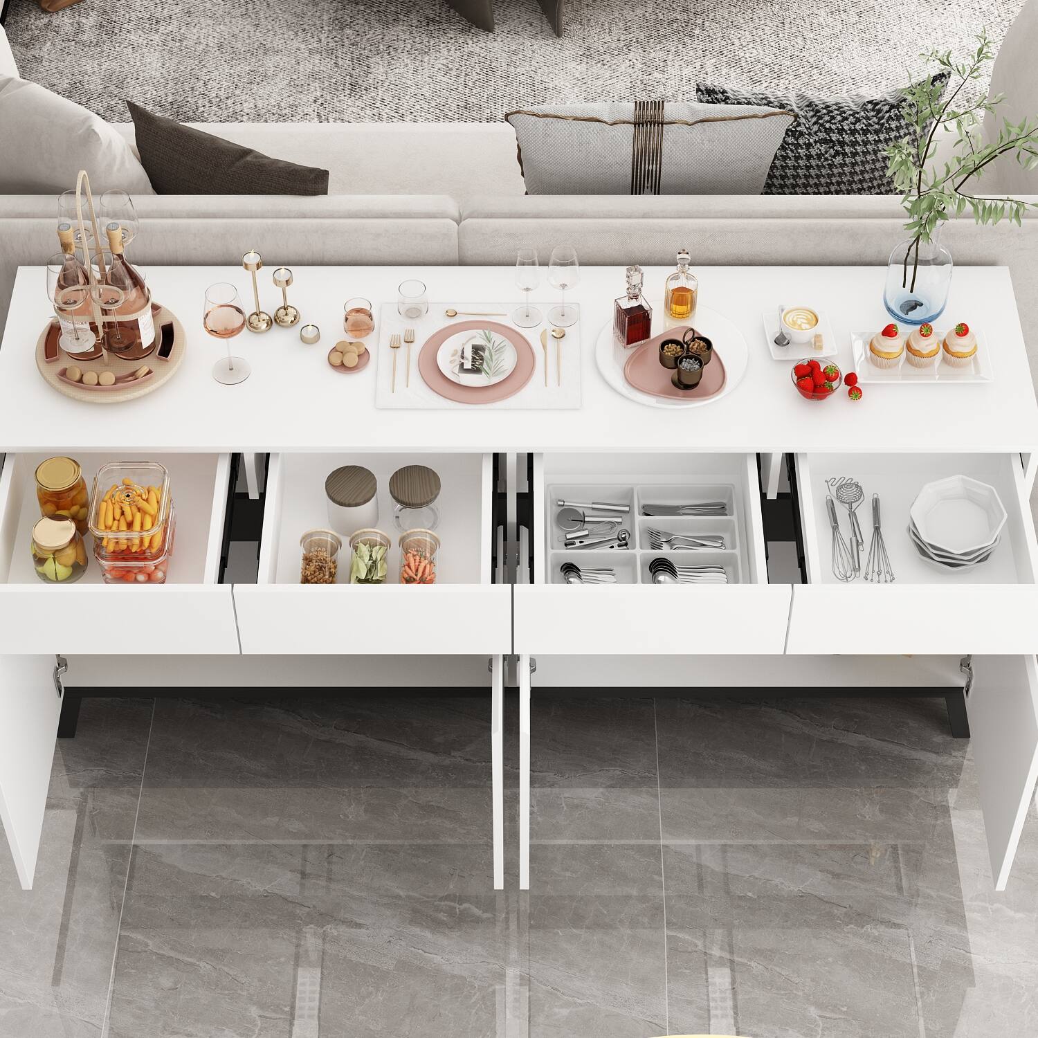 Angle. FUFU & GAGA - Modern Buffet Sideboard Cabinet with Drawers and Adjustable Storage for Dining Room Kitchen and Living Room - White.