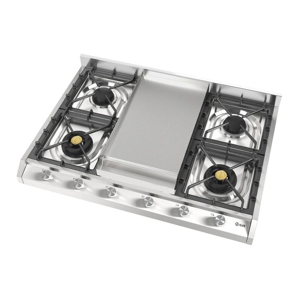 Alt View 2. ILVE - ILVE Professional Plus II Series 36 in. Gas Cooktop with 6 Sealed Burners + Griddle (Liquid Propane, Satin Trim) - Stainless Steel.