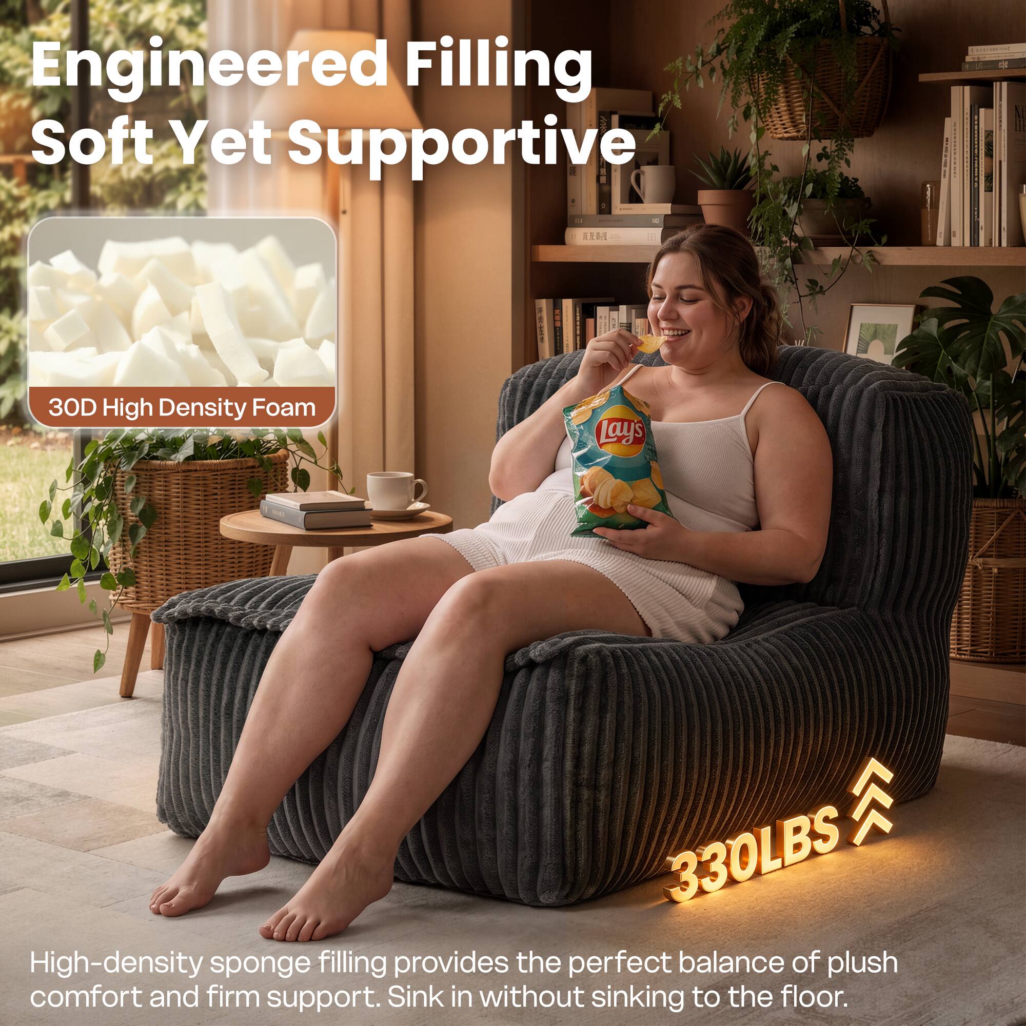 Engineered Filling Soft Yet Supportive

1 - TEM 30D High Density Foam

Lays

330LBS

High-density sponge filling provides the perfect balance of plush comfort and firm support. Sink in without sinking to the floor.