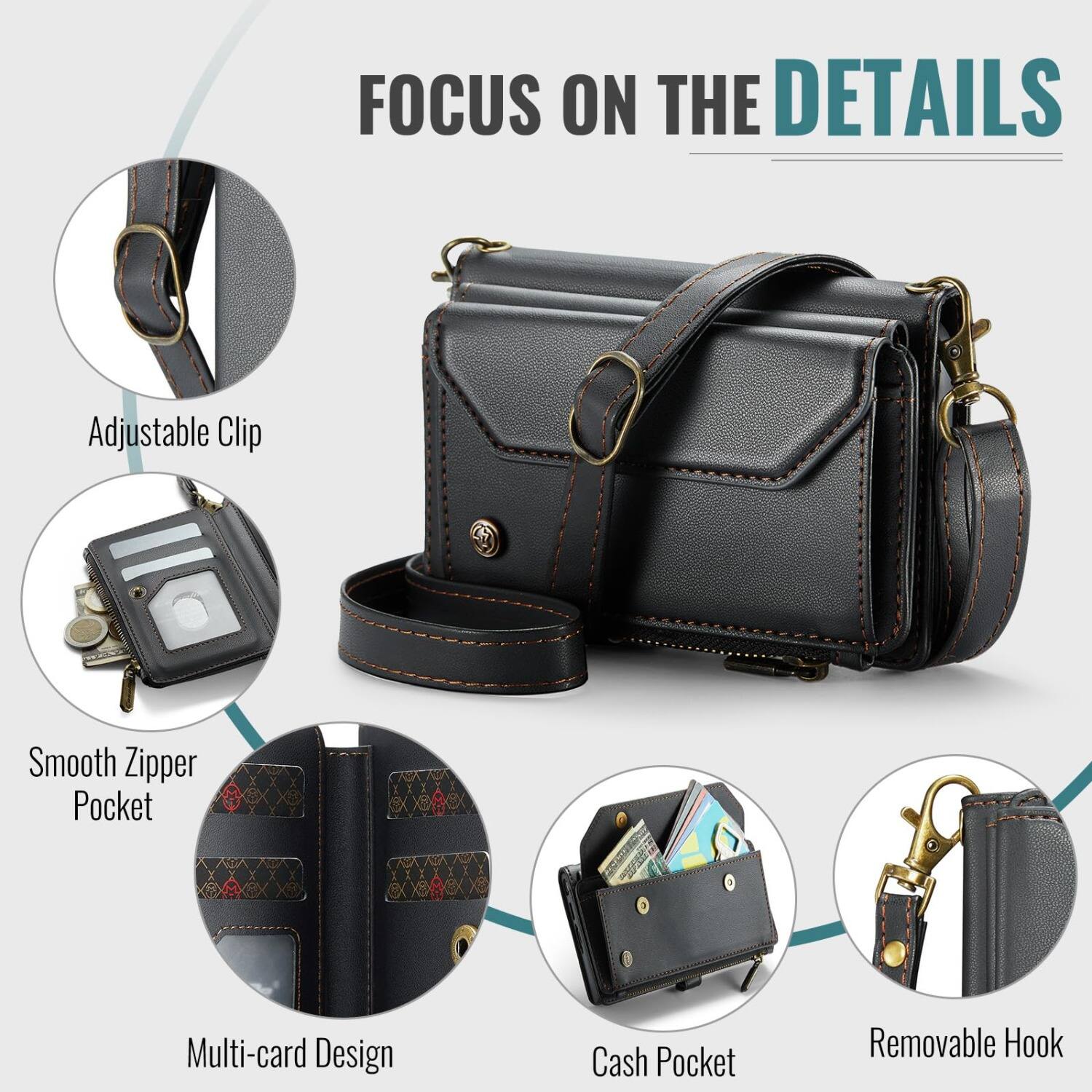 FOCUS ON THE DETAILS

- Adjustable Clip
- Smooth Zipper Pocket
- Multi-card Design
- Cash Pocket
- Removable Hook