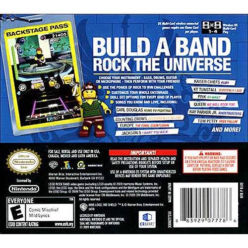 **Backstage Pass Card**
- 21405
- Build a Band
- Rock the Universe
- Choose Your Instrument: Bass, Guitar, Drums, Microphone
- Perform with Your Friends
- Kaiser Chiefs, Pink Sonics, Counting Crows, Tom Petty, Europe, and More
- Customize Your Whole Entourage
- Set of Options for Every Kind of Player
- Includes Queen, Carl Douglas, Ray Parker Jr., and More
- Gearsed by Nintendo
- For Sale, Rent, and Use Only
- USA, Canada, Mexico, and Latin America
- LEGO No. 1522
- LEGO No. 1522
- Important: Read the Instructions and Safety Precautions Before Setting Up or Using
- Warning: Choking Hazard - Small Parts. Not for children under 3 years.
- Every System Device at ESRB Can Be Used
- Comic Mischief, Mild Lyrics, Descriptive Content
- www.lego.com
- 25 of 3000027350
- 8 83929 07778 6

**Additional Information**
- LEGO
- Nintendo