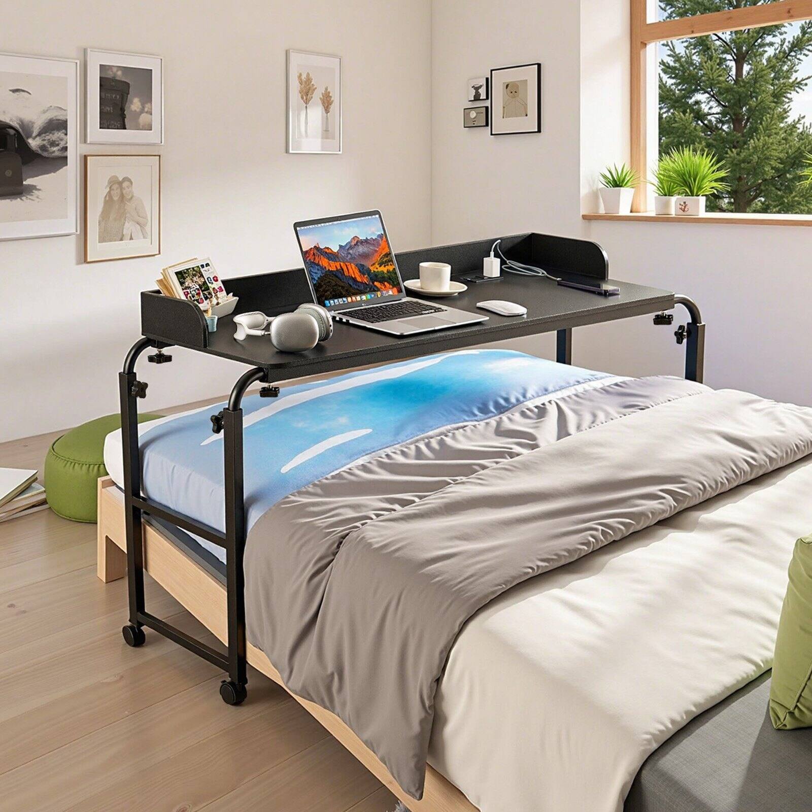 Alt View 1. Glintex - Overbed Table，Power Socket, Height Adjustable Rolling Laptop Desk，Wheels，Brakes, Portable Bedside Table for Home Office - black.