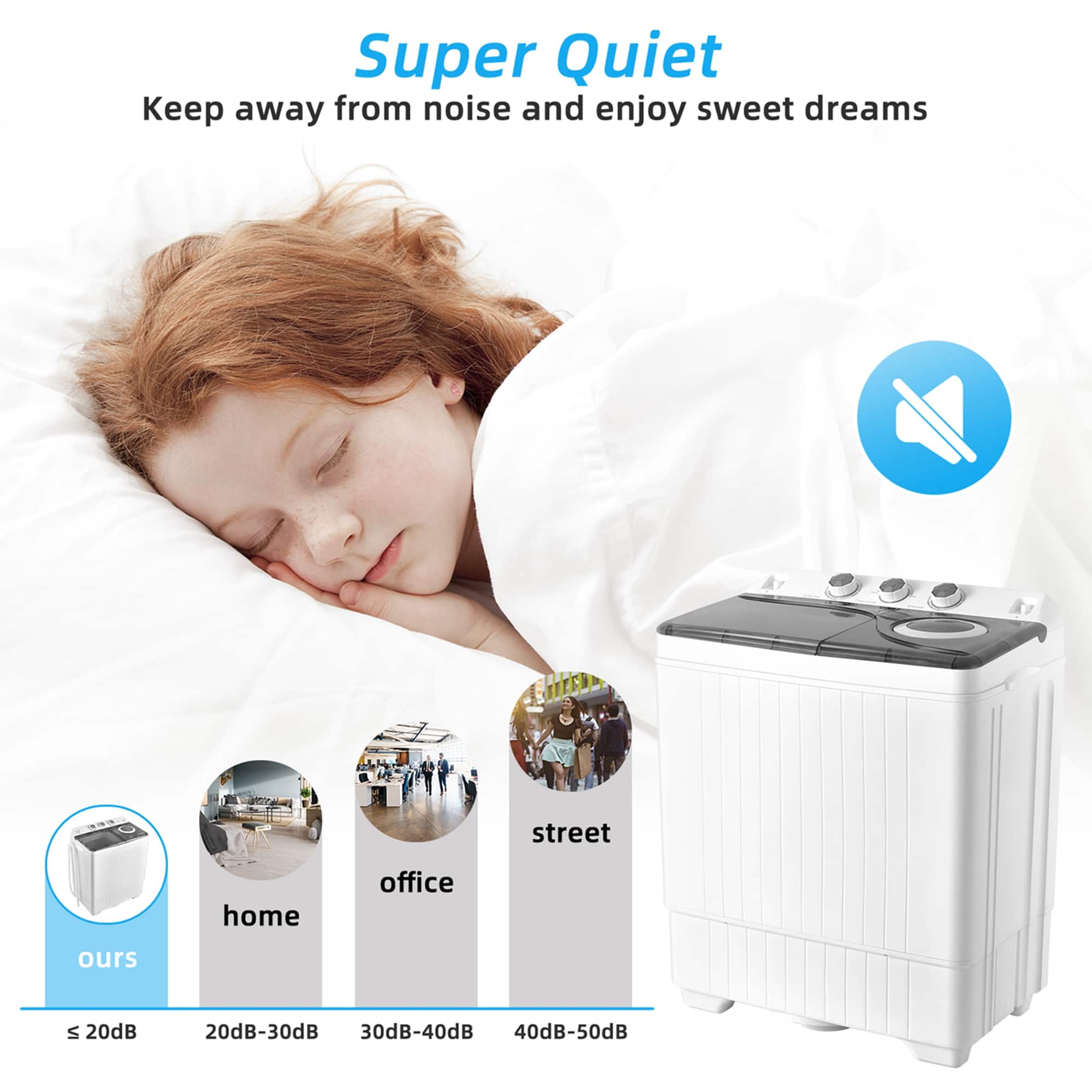 Super Quiet: Keep away from noise and enjoy sweet dreams.
* Street: 20dB-30dB
* Home: 30dB-40dB
* Office: 40dB-50dB
* Ours: S 20dB-30dB-40dB-50dB