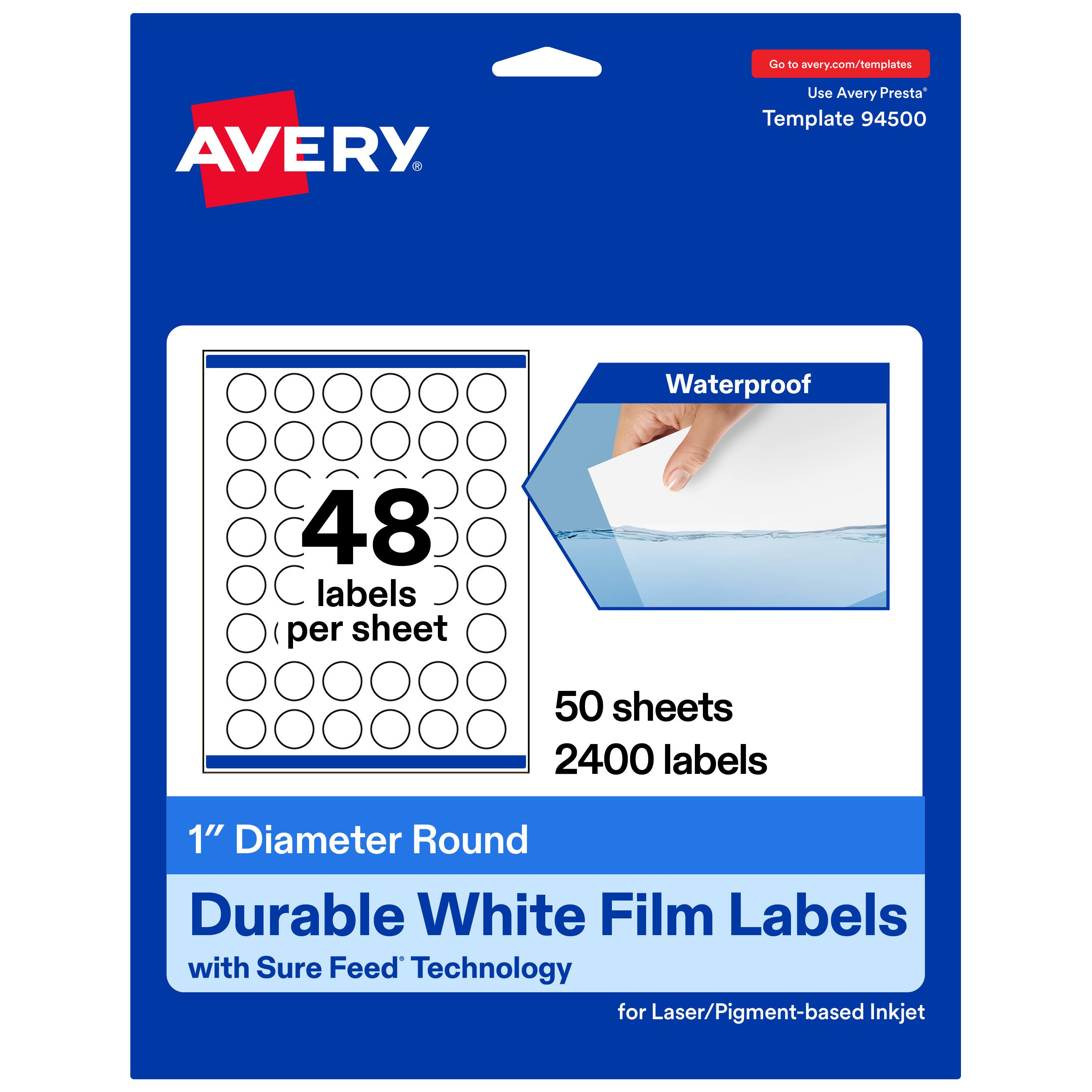 Go to avery.com/templates  
Use Avery Presta Template 94500  

Waterproof  
48 labels per sheet  
50 sheets  
2400 labels  

1" Diameter Round  
Durable White Film Labels  
with Sure Feed Technology  
for Laser/Pigment-based Inkjet