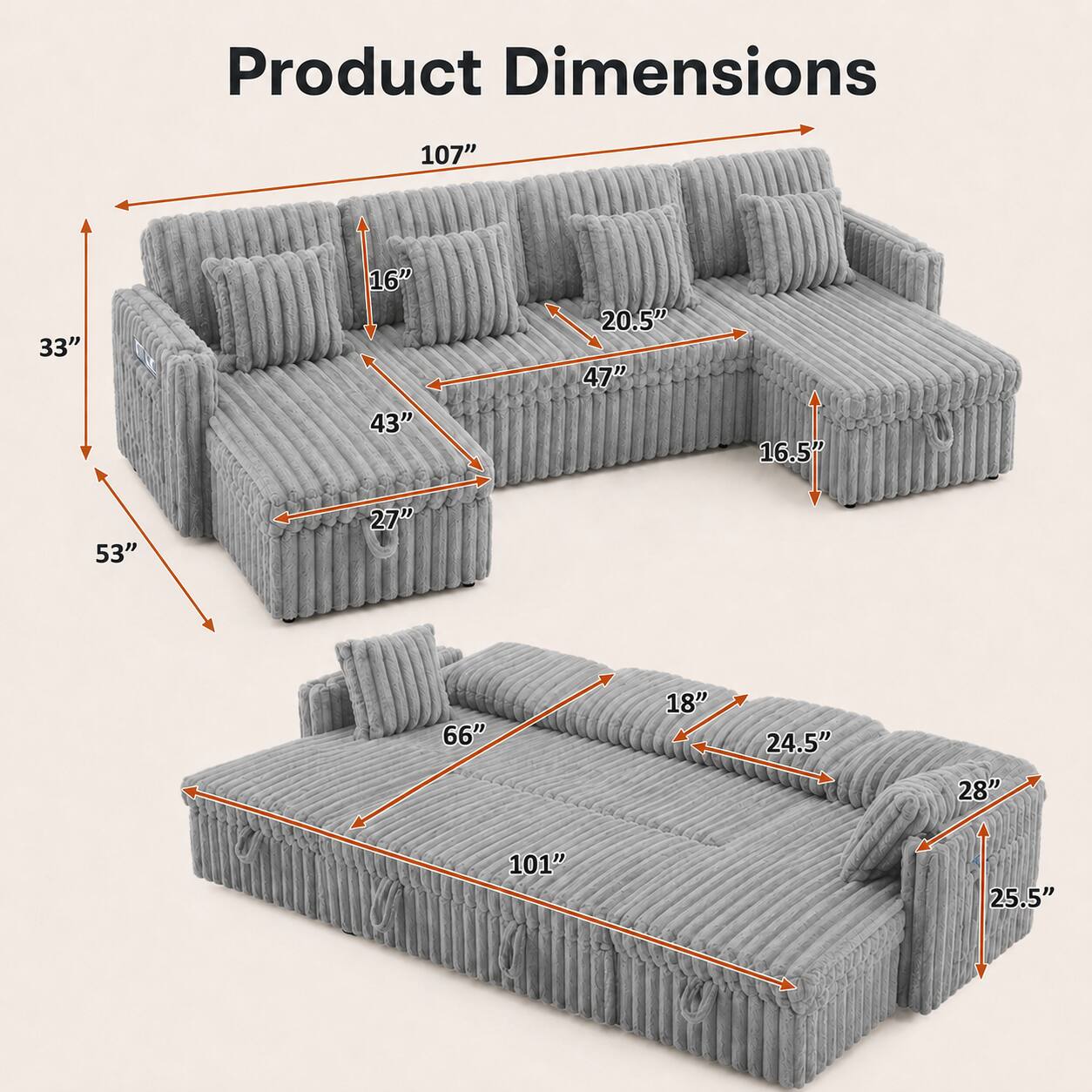 Product Dimensions: 107" x 33" x 16" x 43" x 20.5" x 47" x 16.5" x 53" x 27" x 66" x 18" x 24.5" x 28" x 101" x 25.5"