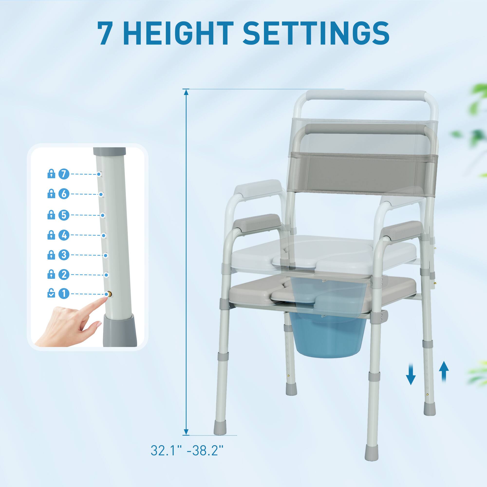 The text on the image is:

"7 HEIGHT SETTINGS
32.1" - 38.2""

The image shows a mobility aid with 7 height settings.