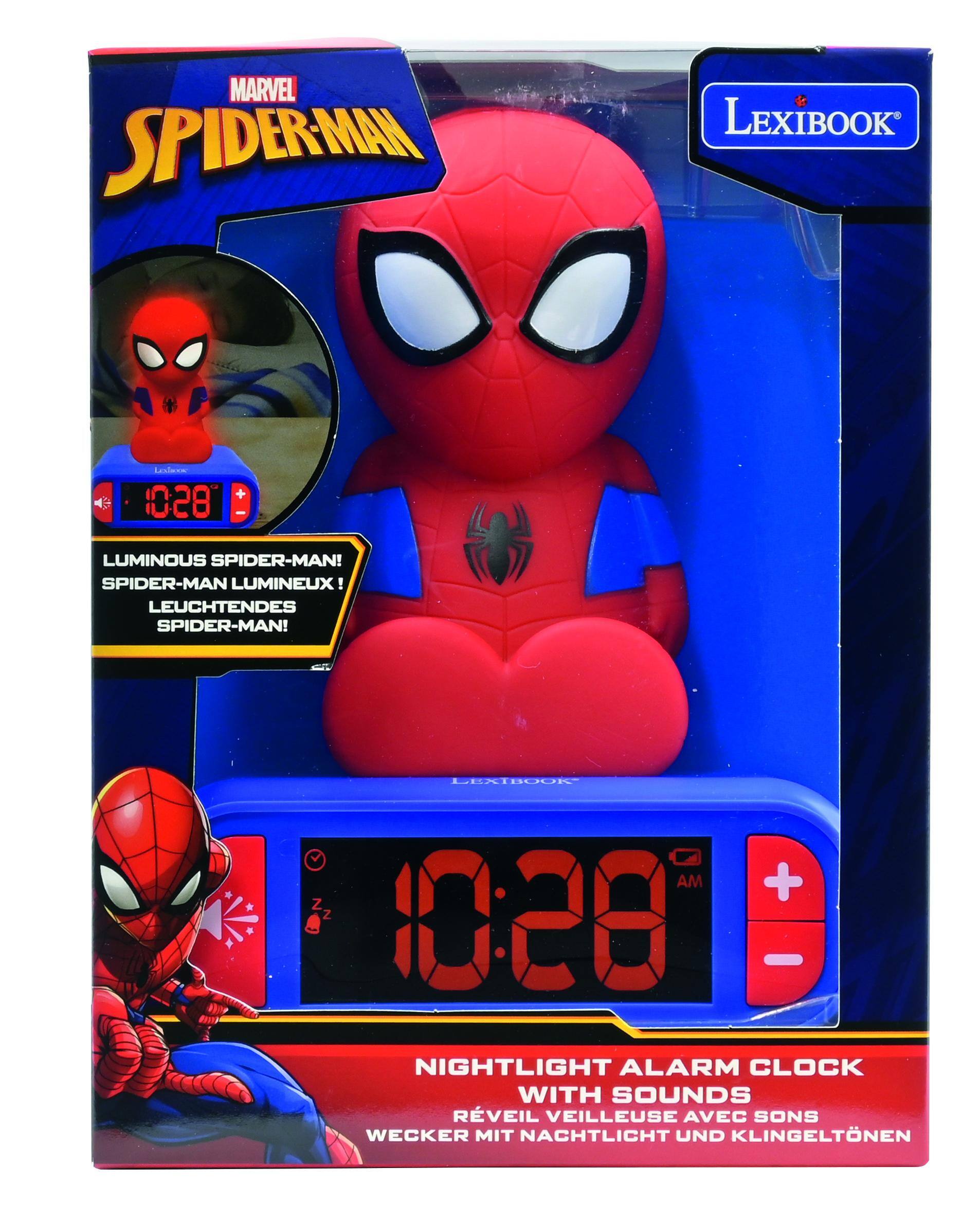 MARVEL SPIDERMAN LEXIBOOK  
Leslers + 1028  
I LUMINOUS SPIDER-MAN! SPIDER-MAN LUMINEUX! LEUCHTENDES SPIDER-MAN!  
DEXIBOUK AM + Z Z 1028  
NIGHTLIGHT ALARM CLOCK WITH SOUNDS  
RÉVEIL VEILLEUSE AVEC SONS  
WECKER MIT NACHTLICHT UND KLINGELTÖNEN