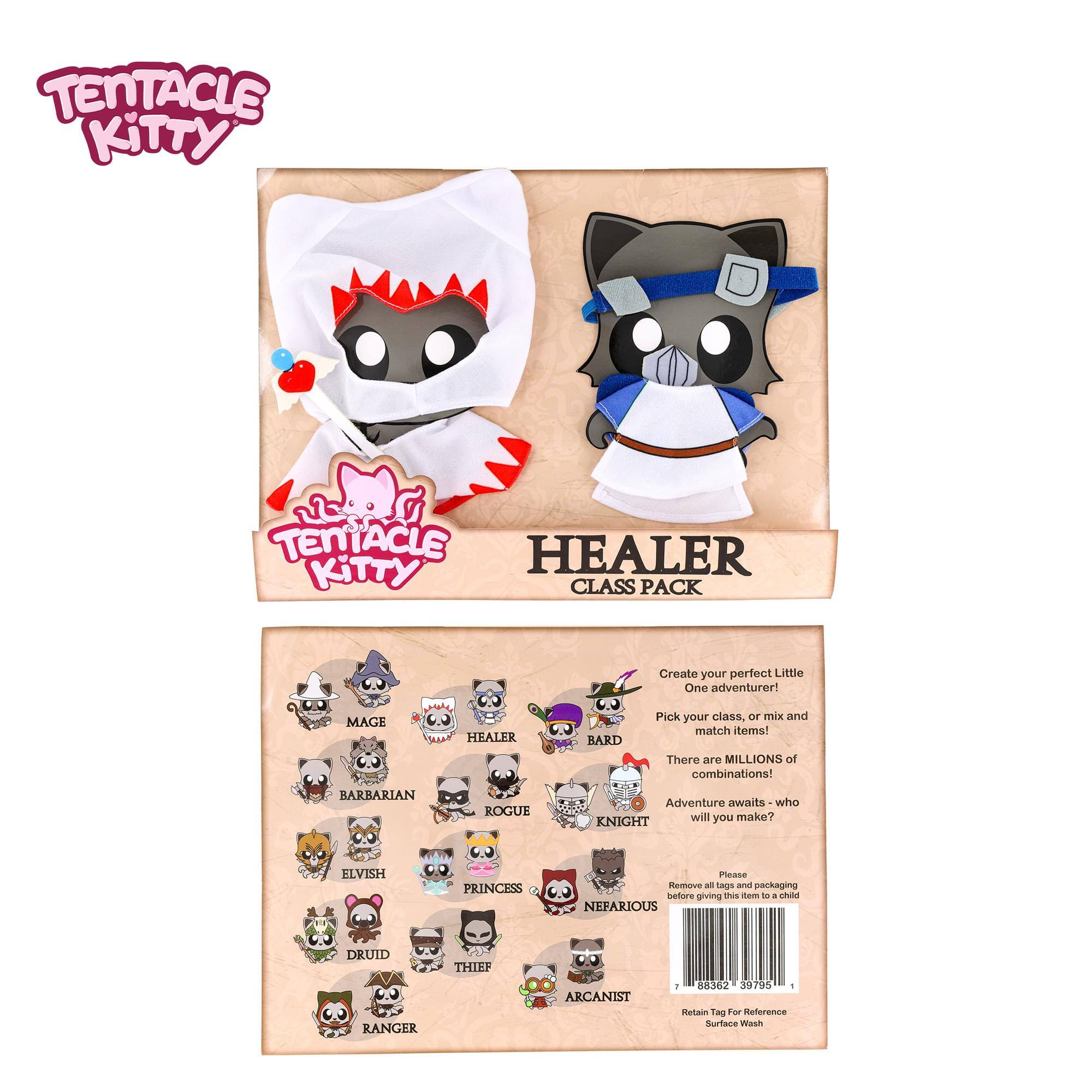 TENTACLE KITTY  
TENTACLE HEALER KITTY CLASS PACK  

Create your perfect Little One adventurer!  
MAGE  
HEALER  
BARBARIAN  
ROGUE  
BARD  
KNIGHT  
ELVISH PRINCESS  
NEFARIOUS  
DRUID  
RANGER  
THIEF  
ARCANIST  

Pick your class, or mix and match items!  
There are MILLIONS of combinations!  
Adventure awaits - who will you make?  

Please remove all packaging before giving this item to a child.  

Retain Tag For Reference  
Surface Wash  

85362 39795