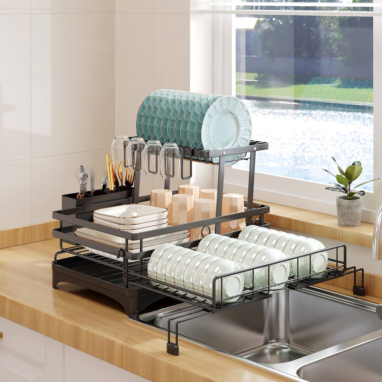 Alt View 2. Malletson - Dish Drying Rack,Extendable Dish Rack with Cutlery Holder, Anti-Rust Black Dish Racks for Kitchen Counter - Black.