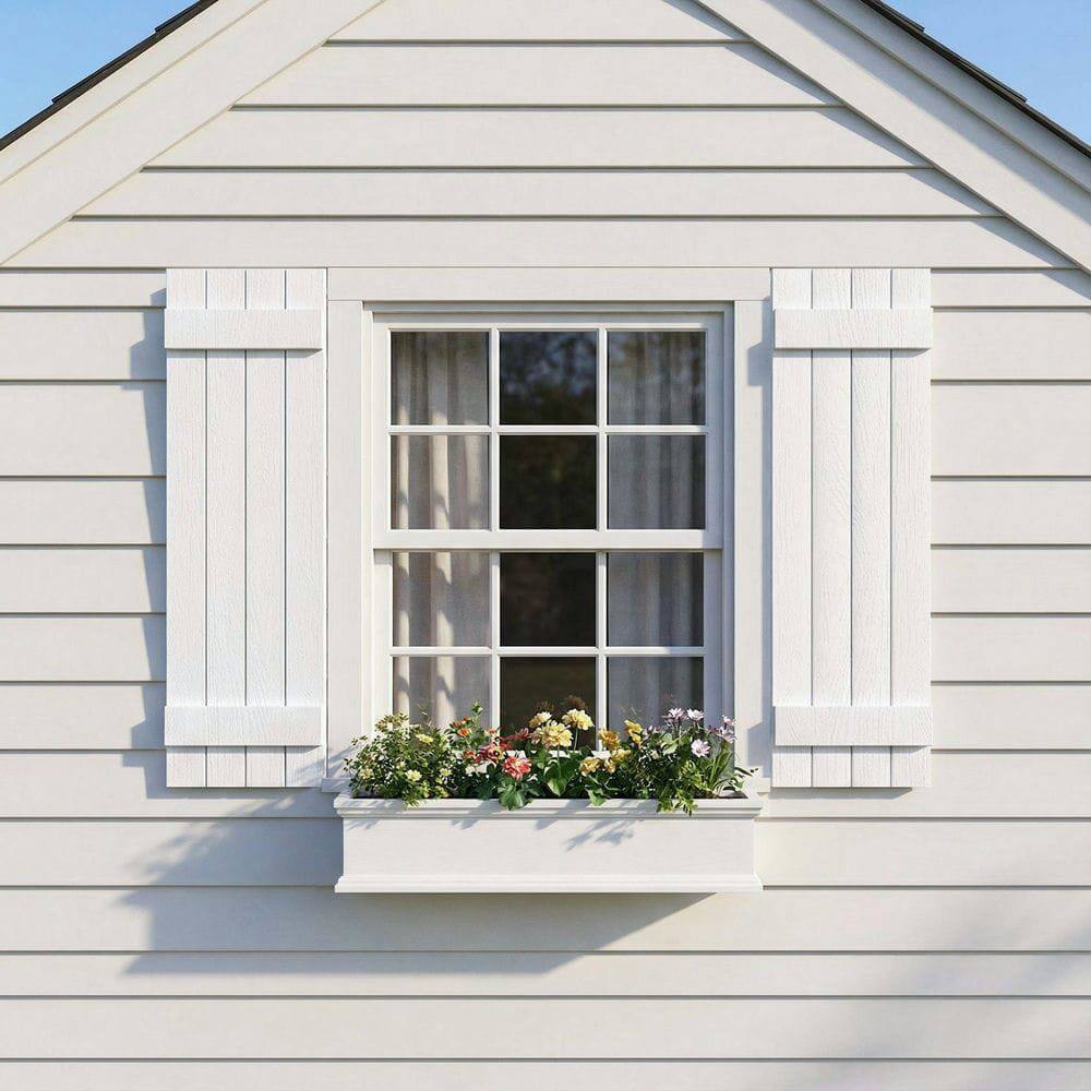 Alt View 7. Kadyn - Classic Board & Batten Faux Shutters with 2 Horizontal Bars for Timeless and Durable Exterior Elegance, 14"x43", White - White.